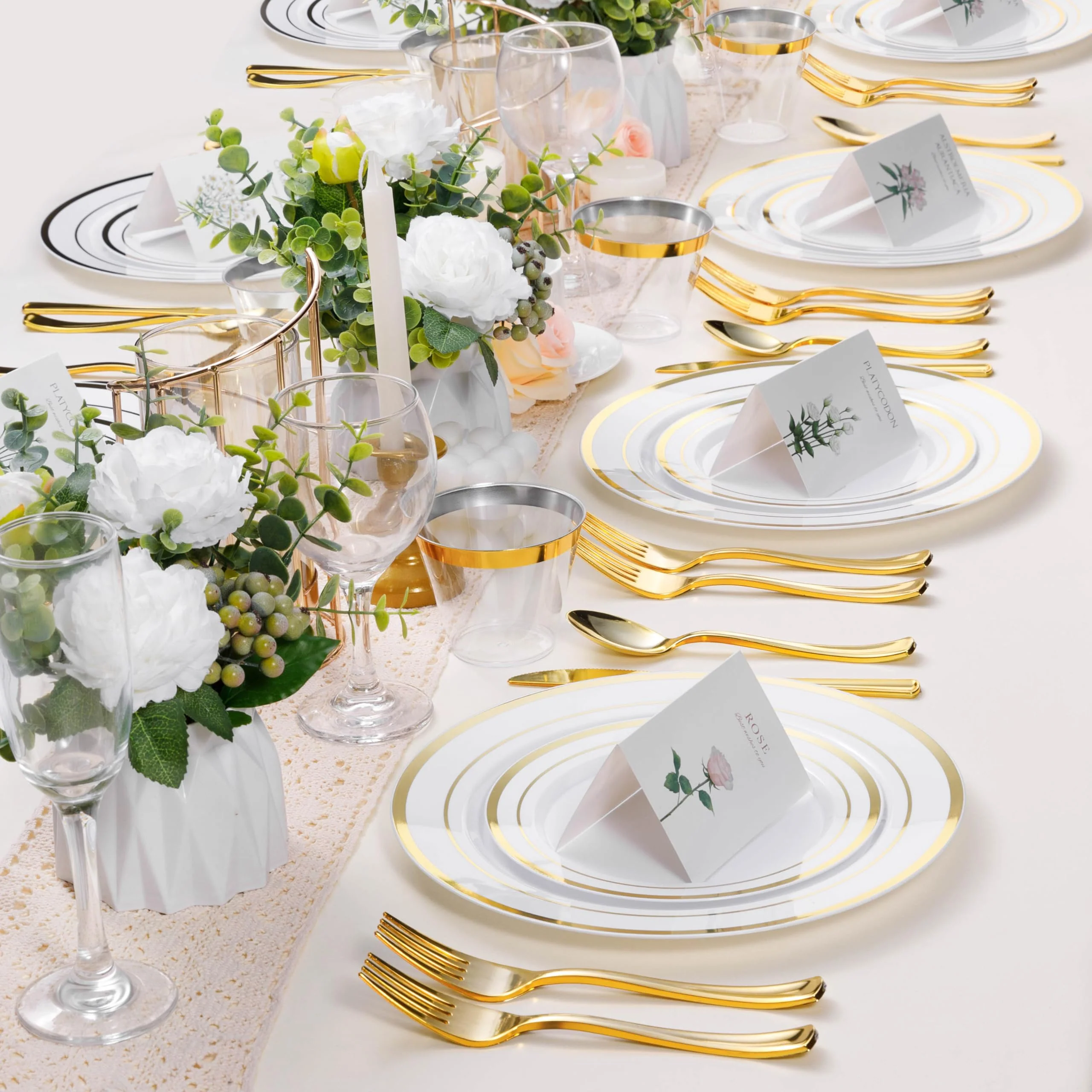 BESTSTAR 100PCS White Plastic Plates for Party, 10.25 Inch Disposable Plates with Gold Rim, Heavy Duty Dinner Plates for Christmas, Thanksgiving, Party, Wedding and Birthday - Image 2