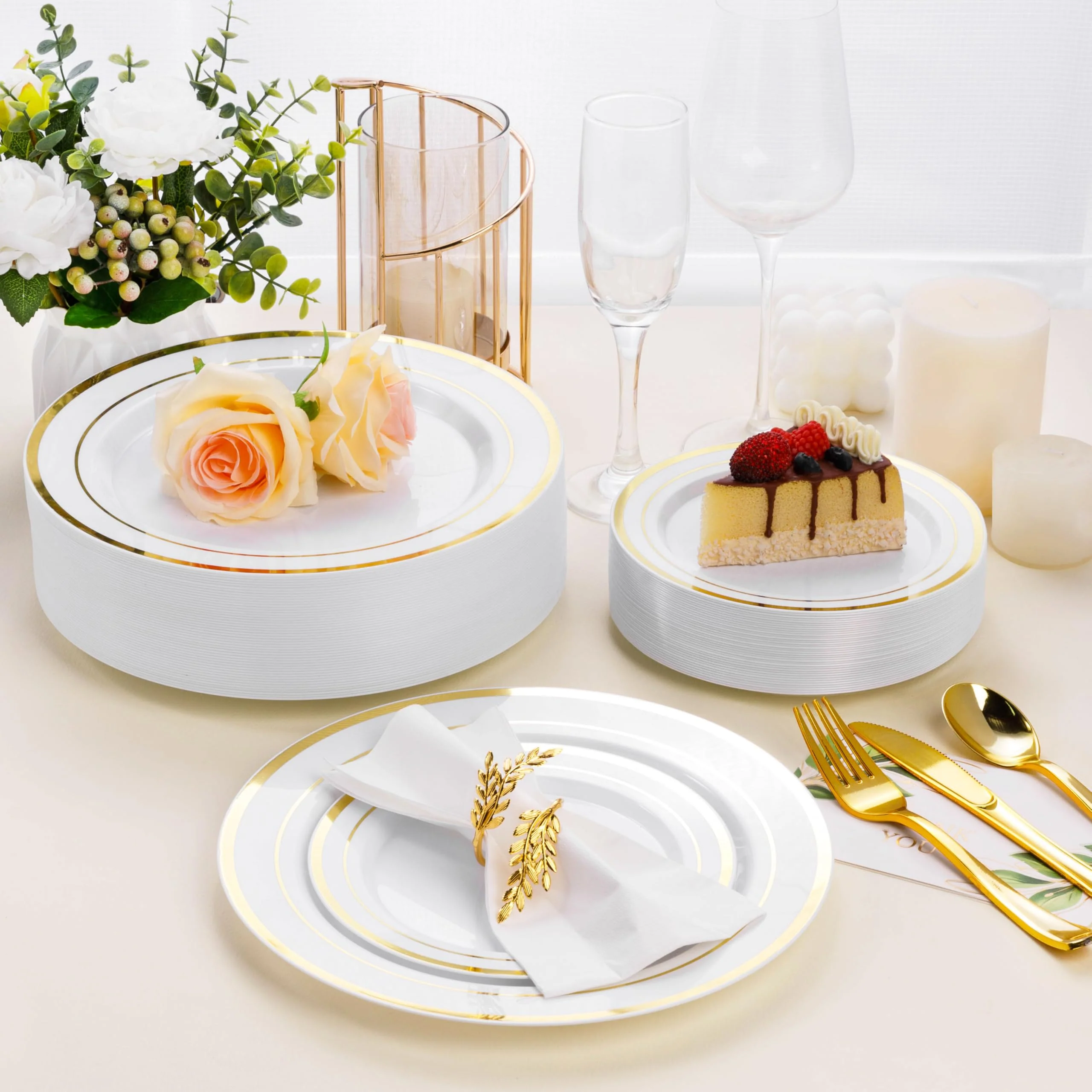 BESTSTAR 100PCS White Plastic Plates for Party, 10.25 Inch Disposable Plates with Gold Rim, Heavy Duty Dinner Plates for Christmas, Thanksgiving, Party, Wedding and Birthday - Image 3