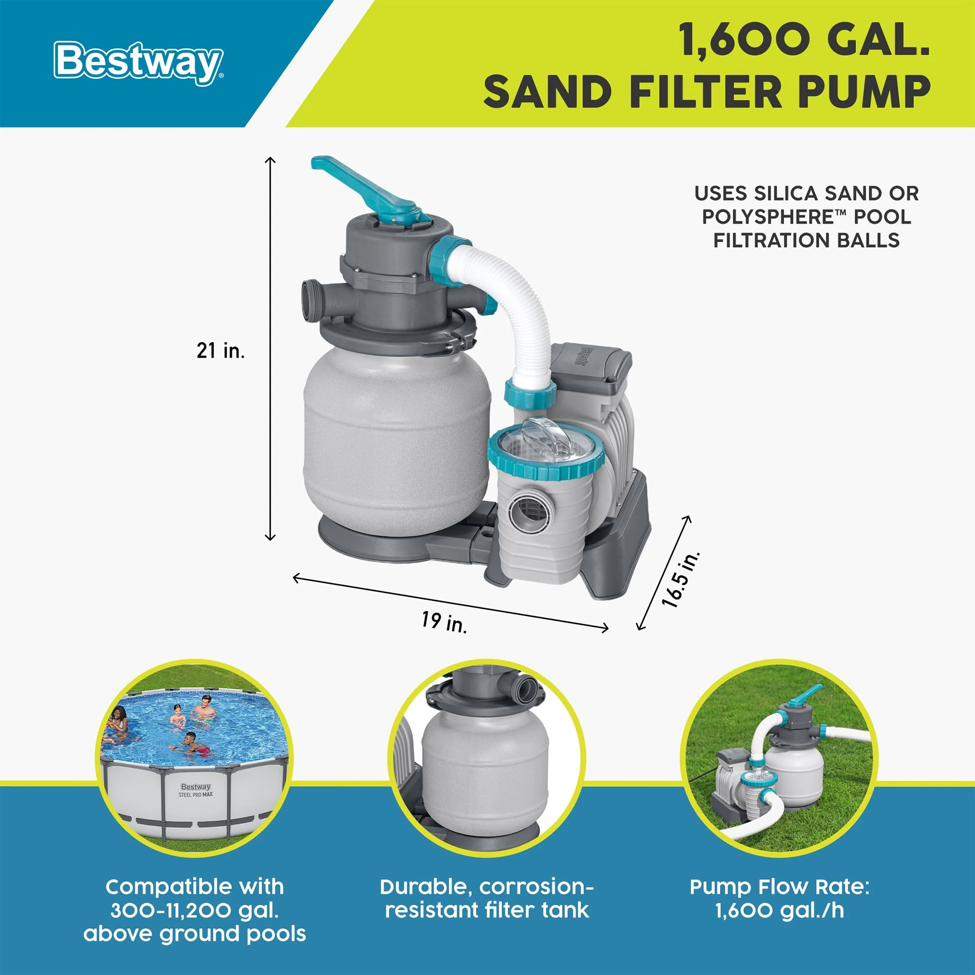 Bestway 1,500 Gallon Sand Filter Pump for 300 to 11,200 Gallon Above Ground Outdoor Swimming Pools with ChemConnect Clean Water Dispenser - Image 8