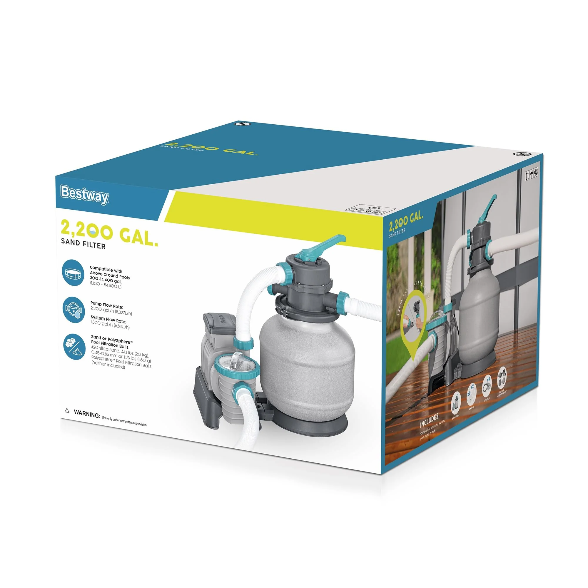 Bestway 2,200 Gallon Sand Filter Pool Pump for Above Ground Swimming Pools up to 14,400 Gallons with Pre-Filter Strainer Basket & Valve Adapter Set - Image 4