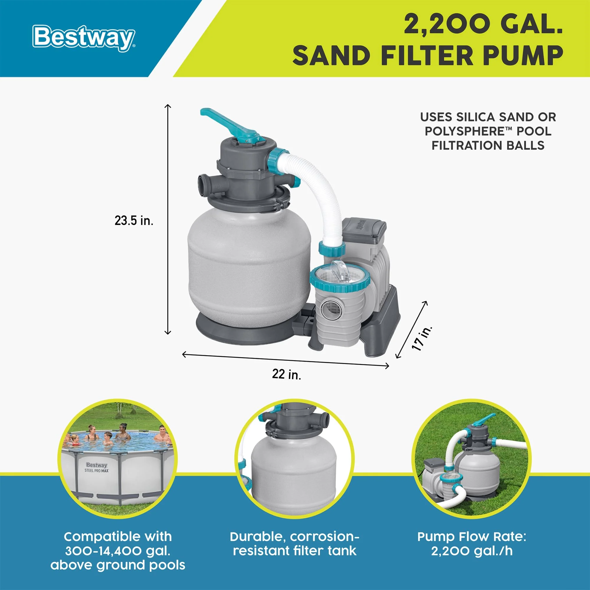 Bestway 2,200 Gallon Sand Filter Pool Pump for Above Ground Swimming Pools up to 14,400 Gallons with Pre-Filter Strainer Basket & Valve Adapter Set - Image 7