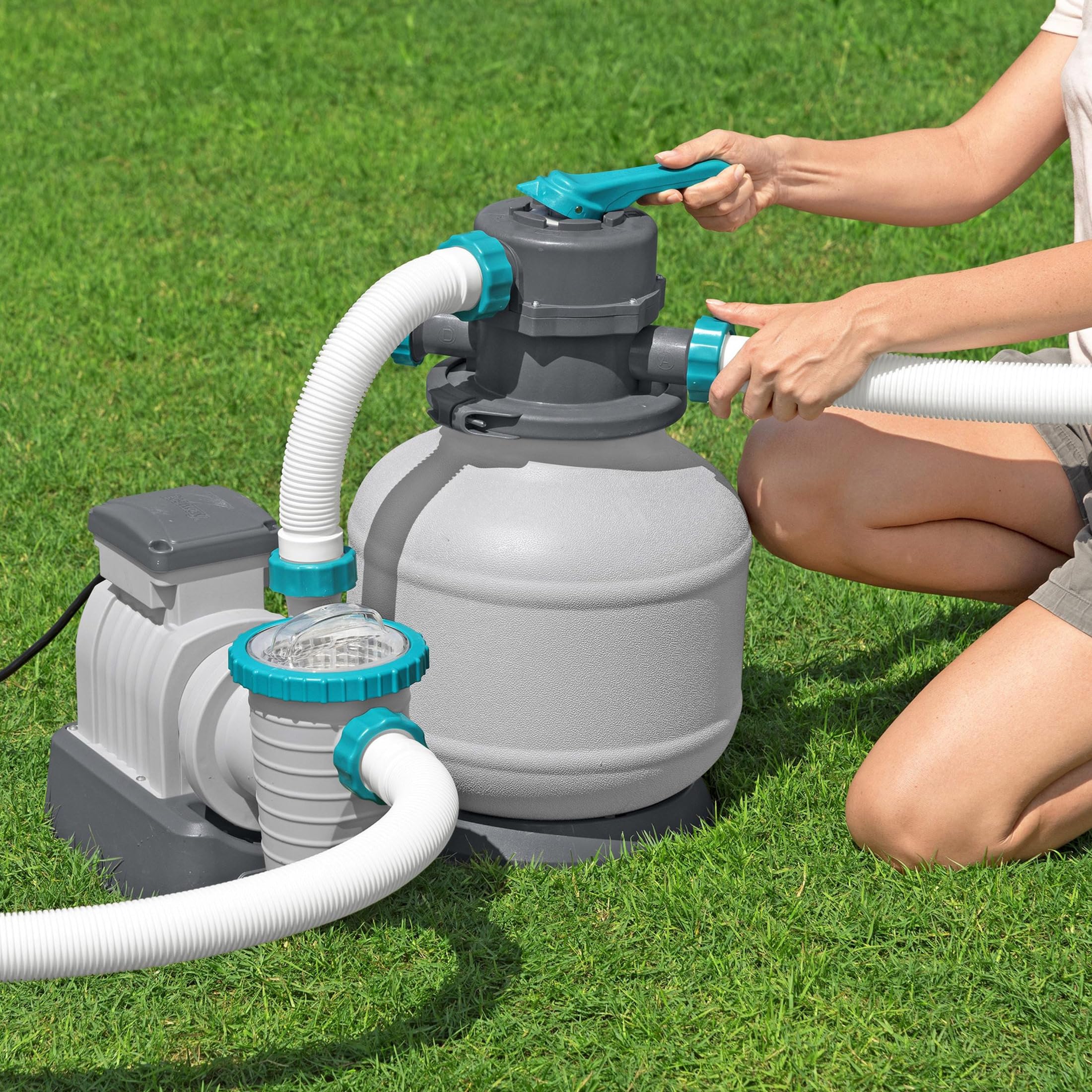 Bestway 2,200 Gallon Sand Filter Pool Pump for Above Ground Swimming Pools up to 14,400 Gallons with Pre-Filter Strainer Basket & Valve Adapter Set - Image 9