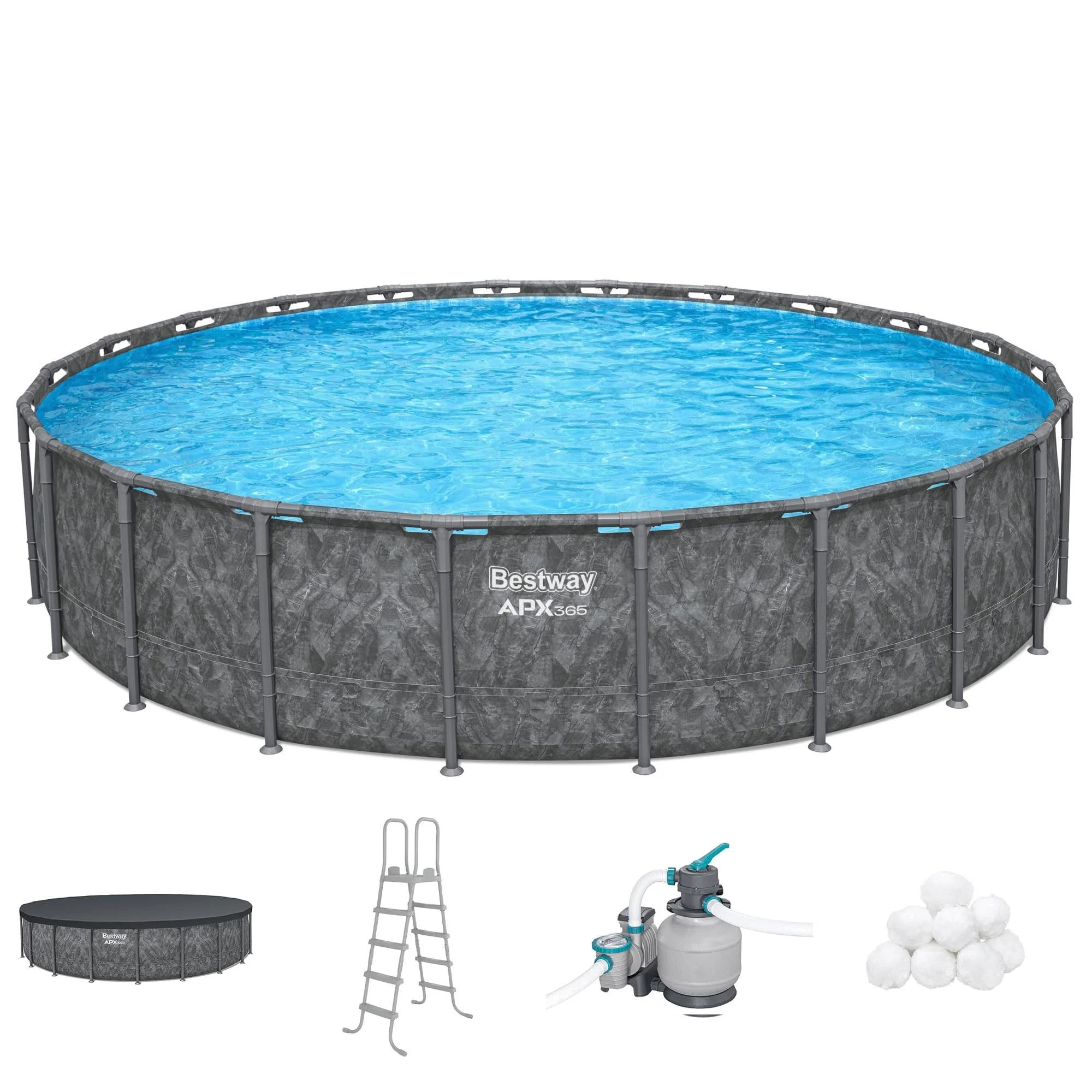 Bestway APX 365 22' x 52" Above Ground Pool, Round Metal Frame Outdoor Swimming Pool Set with Sand Filter Pump, Ladder, and Cover, Dark Marble