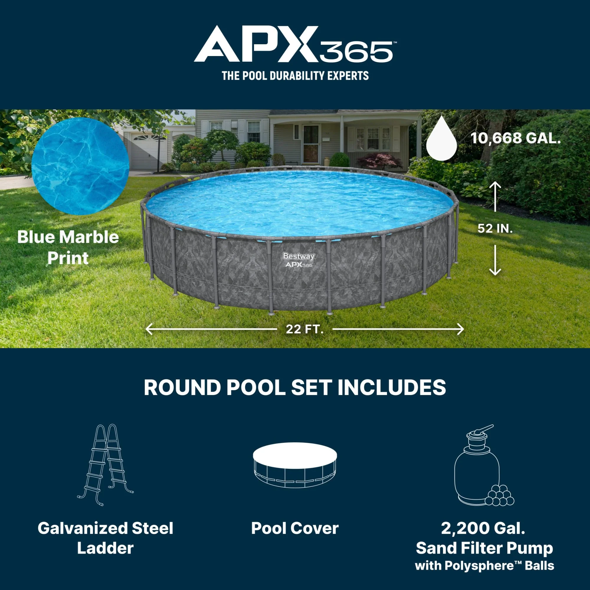 Bestway APX 365 22' x 52" Above Ground Pool, Round Metal Frame Outdoor Swimming Pool Set with Sand Filter Pump, Ladder, and Cover, Dark Marble - Image 8