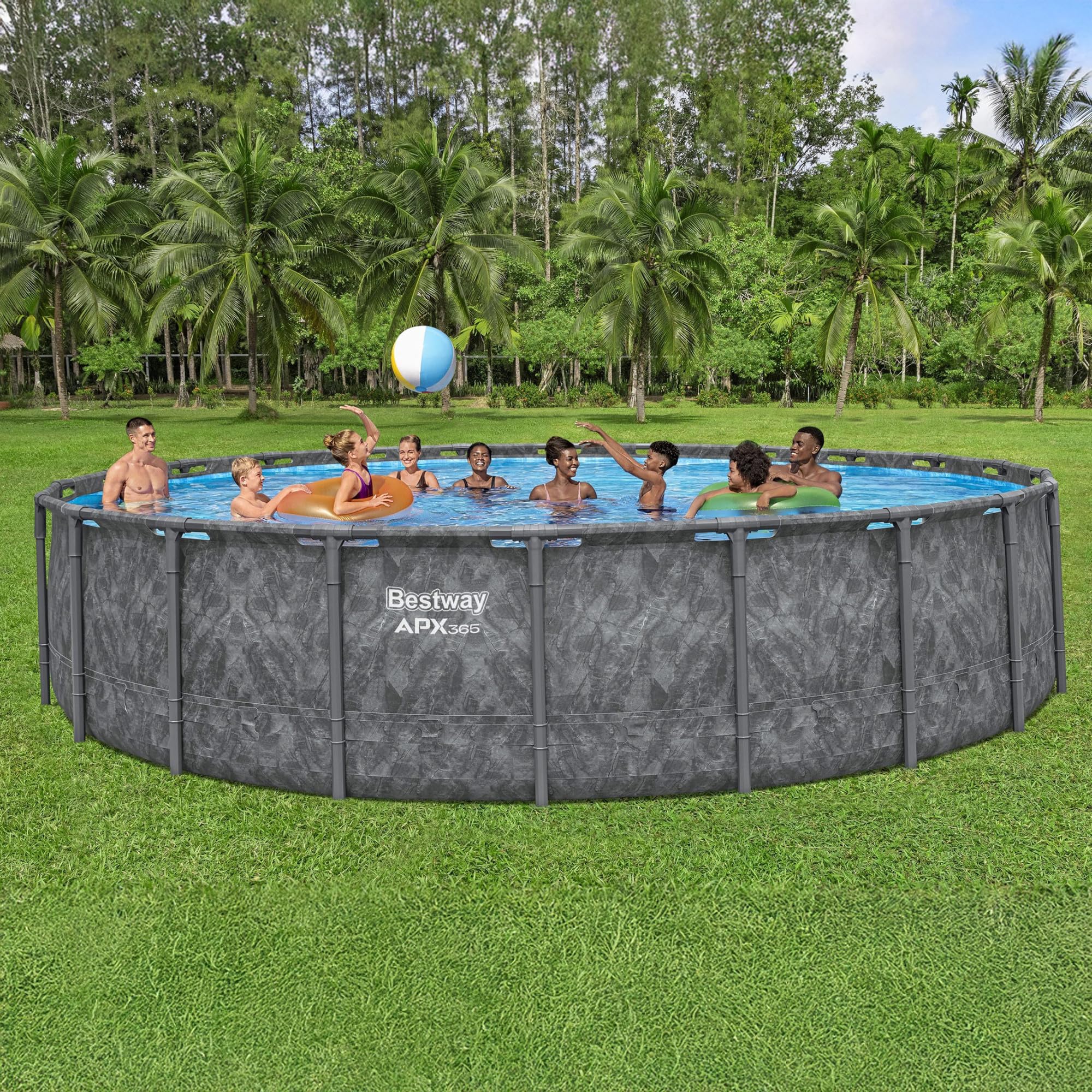 Bestway APX 365 22' x 52" Above Ground Pool, Round Metal Frame Outdoor Swimming Pool Set with Sand Filter Pump, Ladder, and Cover, Dark Marble - Image 9