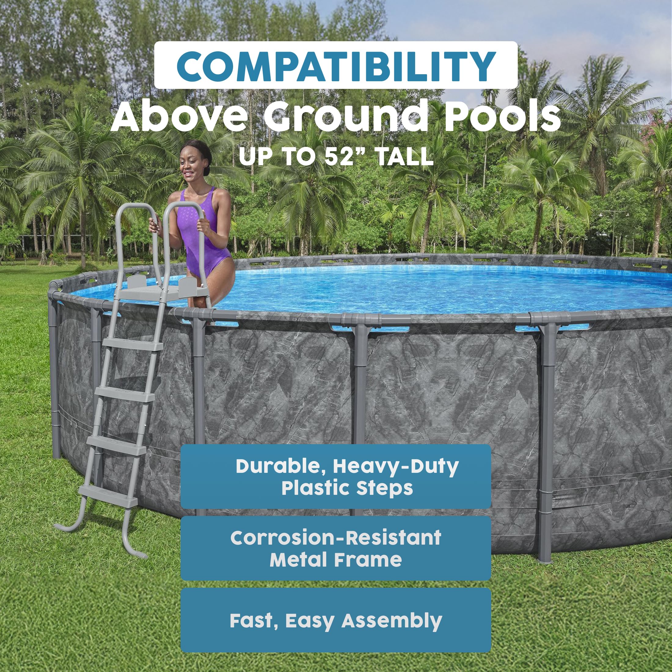 Bestway Flowclear 52 Inch Versatile Metal A Frame Above Ground Swimming Pool Ladder with Heavy Duty Plastic Double Sided Steps - Image 6