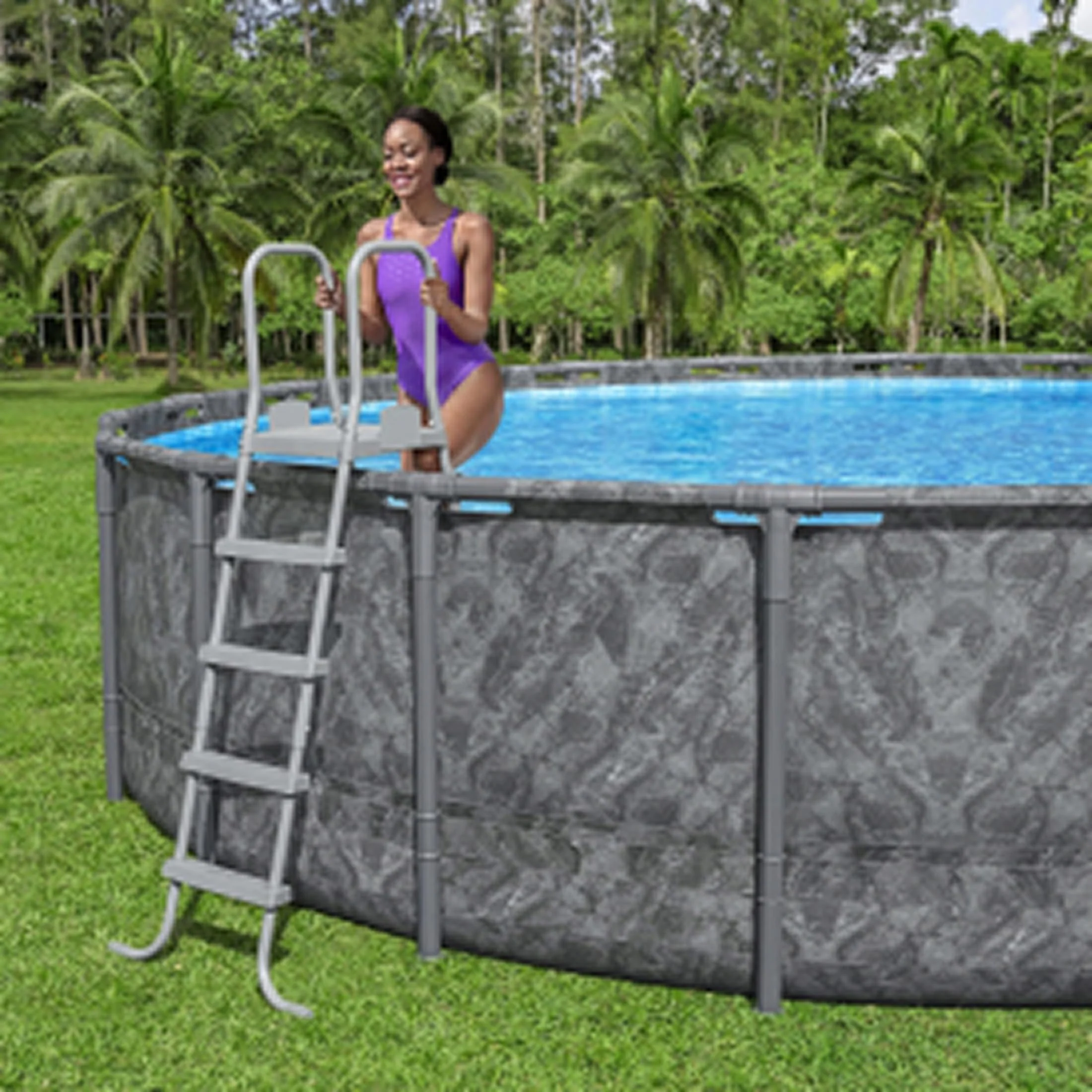 Bestway Flowclear 52 Inch Versatile Metal A Frame Above Ground Swimming Pool Ladder with Heavy Duty Plastic Double Sided Steps - Image 8