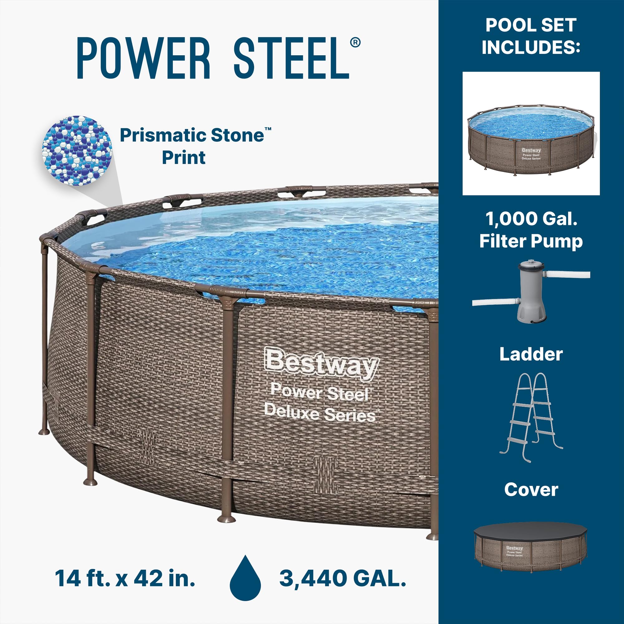 Bestway Power Steel 14’ x 42” Round Above Ground Outdoor Backyard Swimming Pool Set with 1,000 GPH Filter Pump, Ladder, and Pool Cover - Image 8