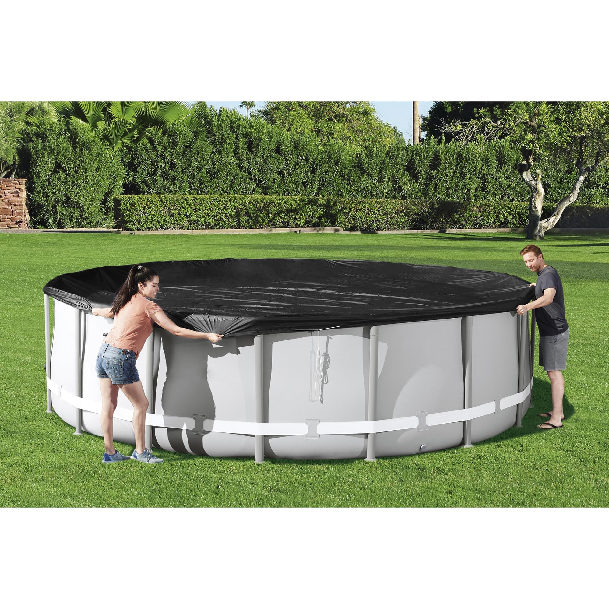 Bestway Round PVC 16 Foot Pool Cover for Above Ground Pro Frame Pools with Drain Holes and Secure Tie-Down Ropes, Black (Cover Only) - Image 7