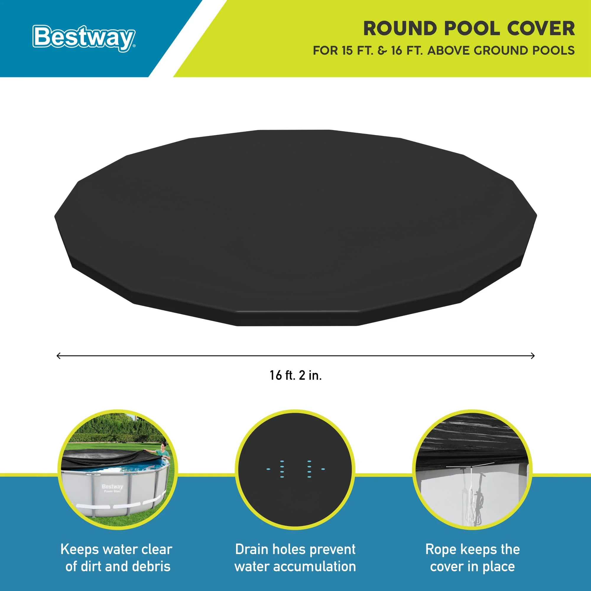 Bestway Round PVC 16 Foot Pool Cover for Above Ground Pro Frame Pools with Drain Holes and Secure Tie-Down Ropes, Black (Cover Only) - Image 9