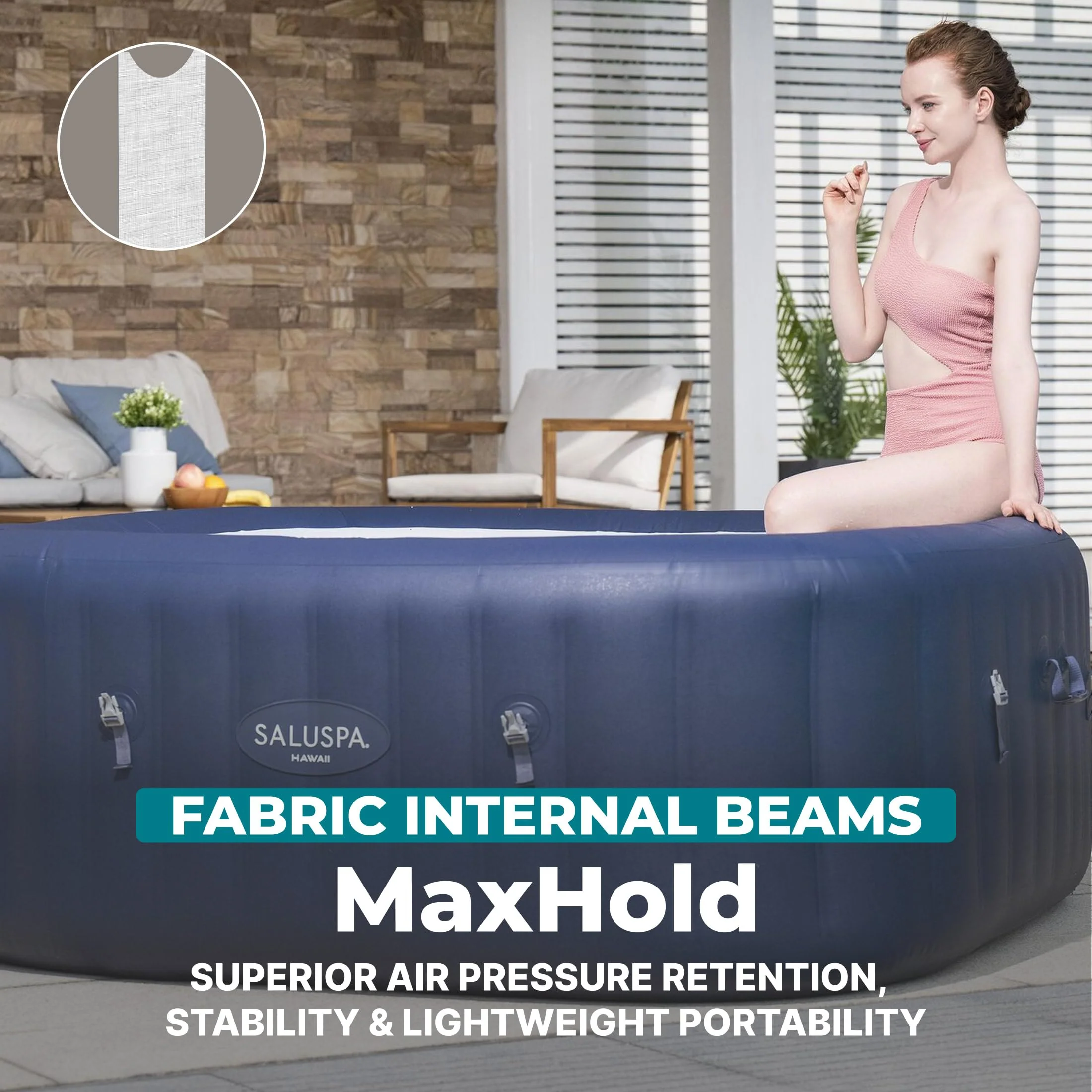 Bestway SaluSpa Hawaii 4 to 6 Person Inflatable Hot Tub, Square Energy-Efficient Portable Outdoor Spa with 140 AirJets, 71" x 28" - Image 3