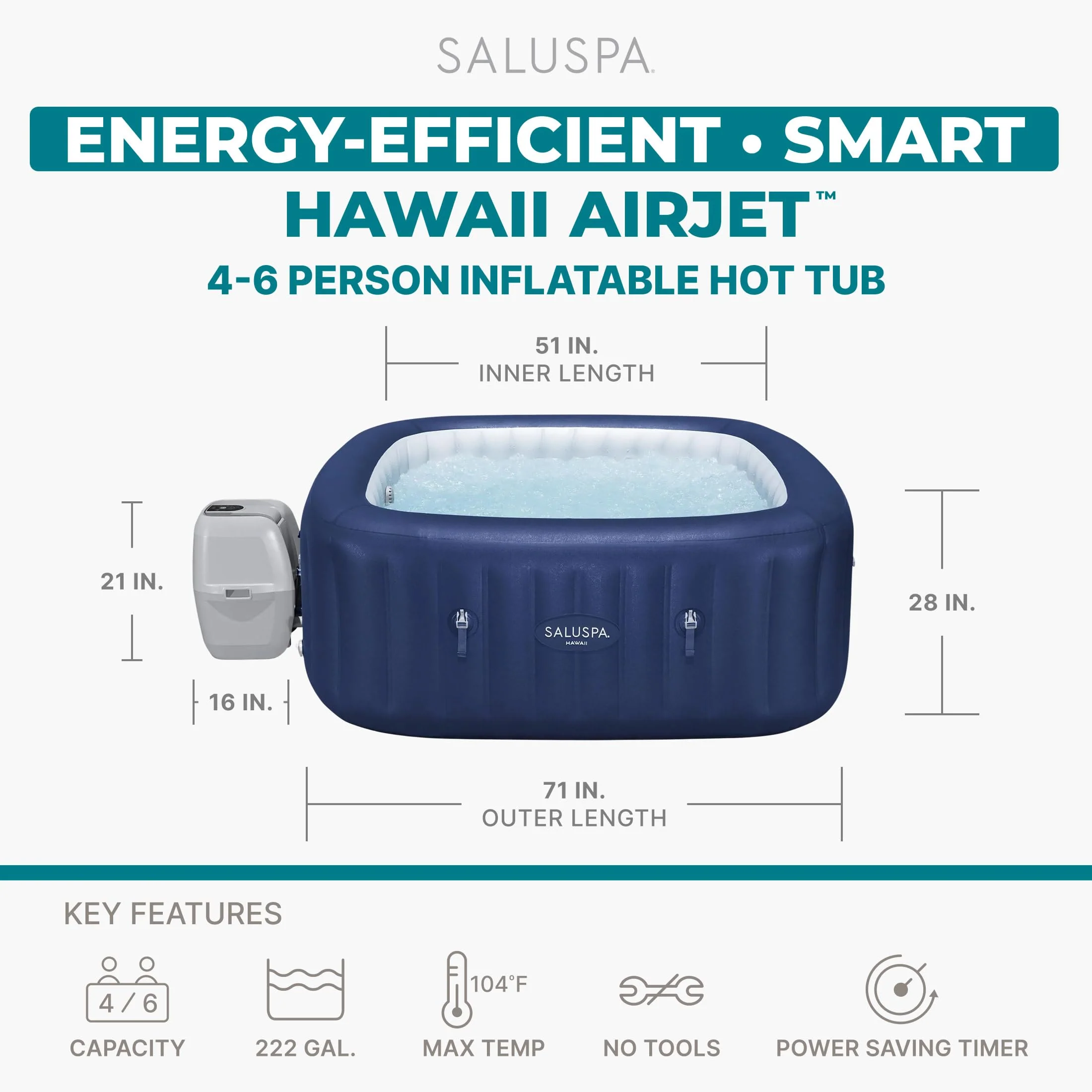 Bestway SaluSpa Hawaii 4 to 6 Person Inflatable Hot Tub, Square Energy-Efficient Portable Outdoor Spa with 140 AirJets, 71" x 28" - Image 9