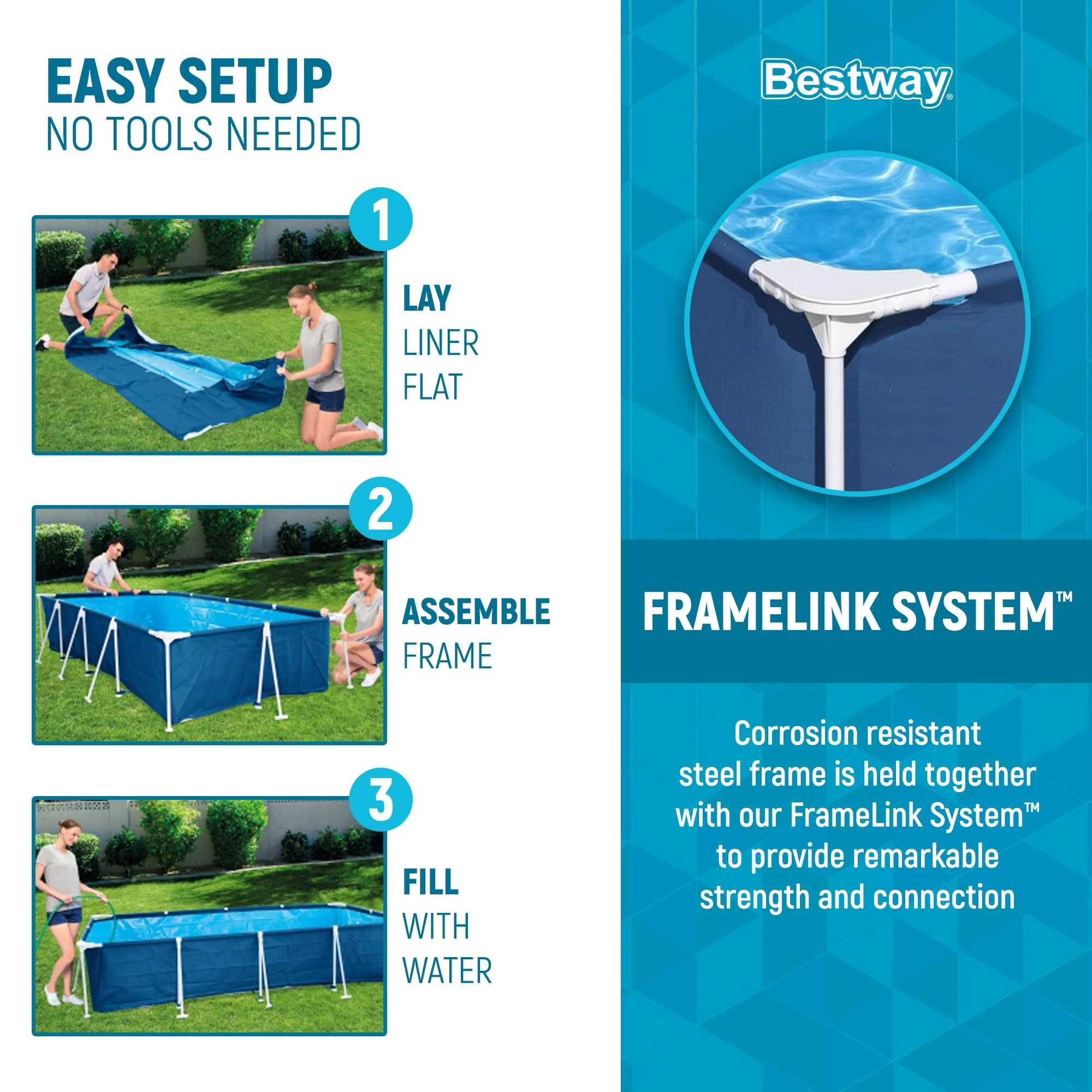 Bestway Steel Pro 13 Foot x 32 Inch Rectangular Above Ground Outdoor Pool Steel Framed Vinyl Swimming Pool with 1,506 Gallon Water Capacity, Blue - Image 6