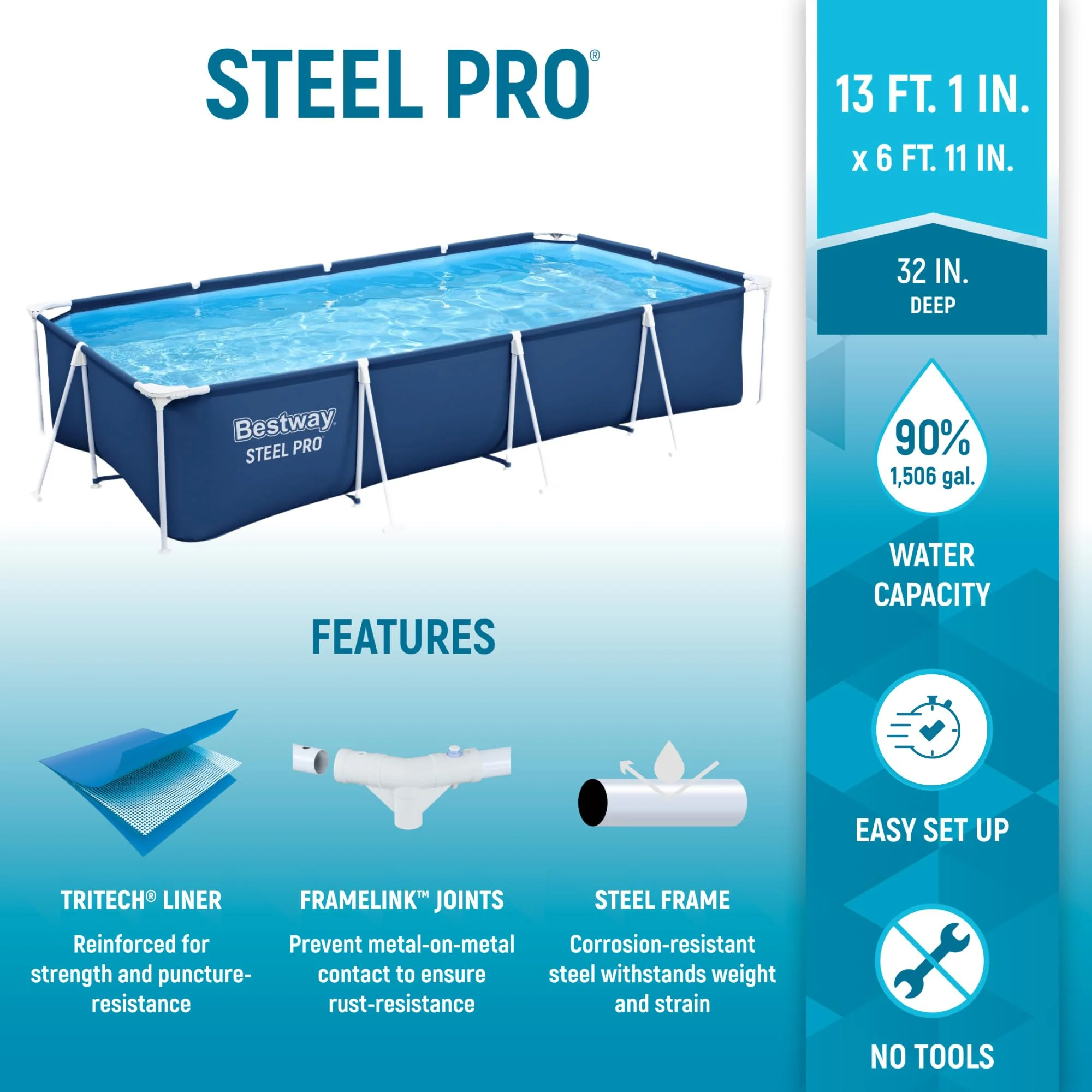 Bestway Steel Pro 13 Foot x 32 Inch Rectangular Above Ground Outdoor Pool Steel Framed Vinyl Swimming Pool with 1,506 Gallon Water Capacity, Blue - Image 8