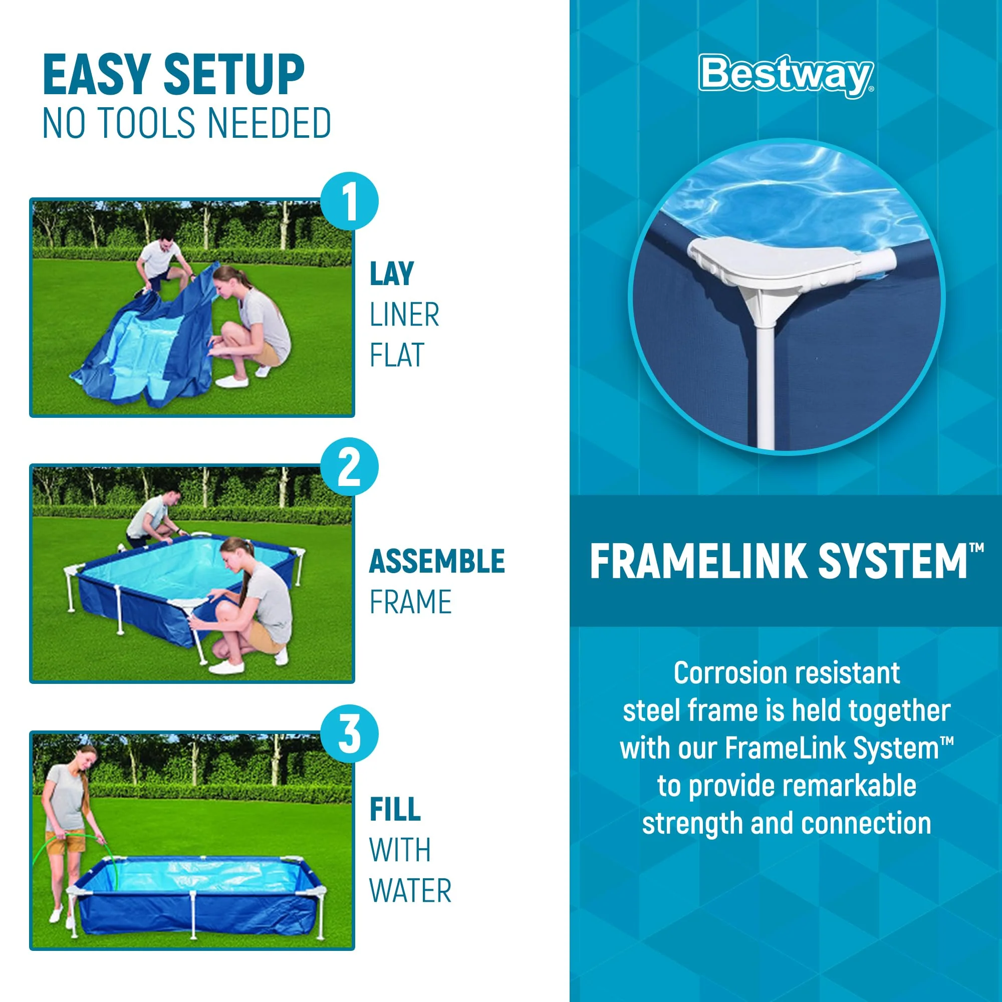 Bestway Steel Pro 87 Inch x 59 Inch x 17 Inch Rectangular Metal Frame Above Ground Outdoor Backyard Swimming Pool, Blue (Pool Only) - Image 7