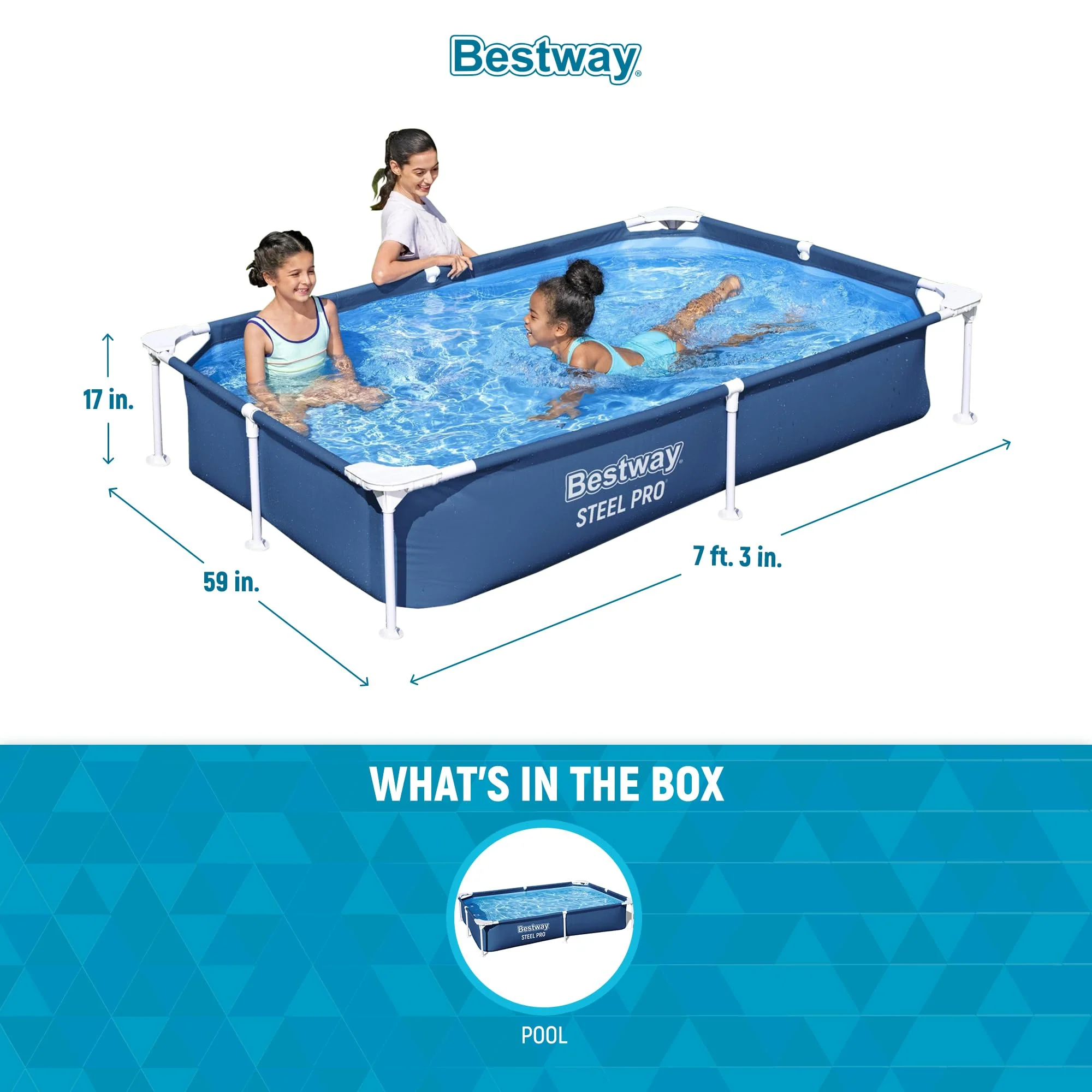 Bestway Steel Pro 87 Inch x 59 Inch x 17 Inch Rectangular Metal Frame Above Ground Outdoor Backyard Swimming Pool, Blue (Pool Only) - Image 8