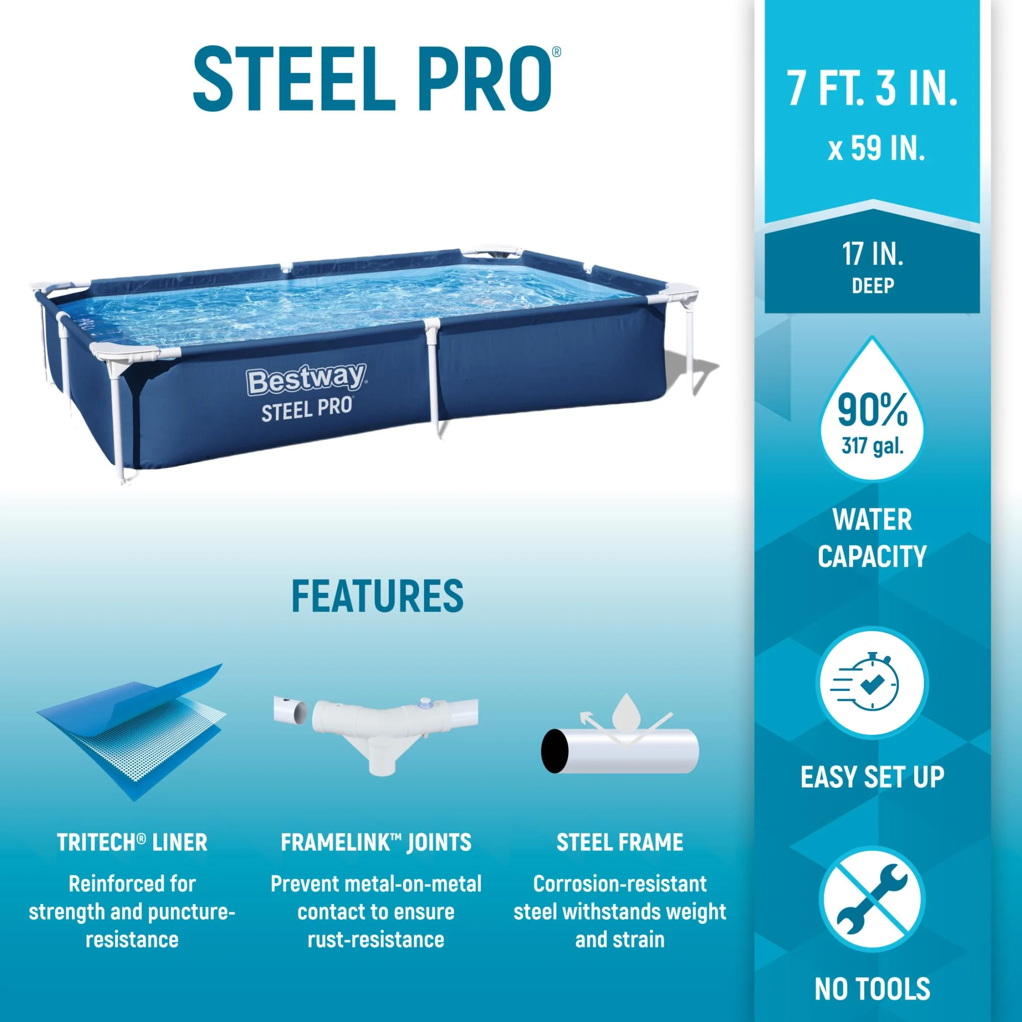 Bestway Steel Pro 87 Inch x 59 Inch x 17 Inch Rectangular Metal Frame Above Ground Outdoor Backyard Swimming Pool, Blue (Pool Only) - Image 9