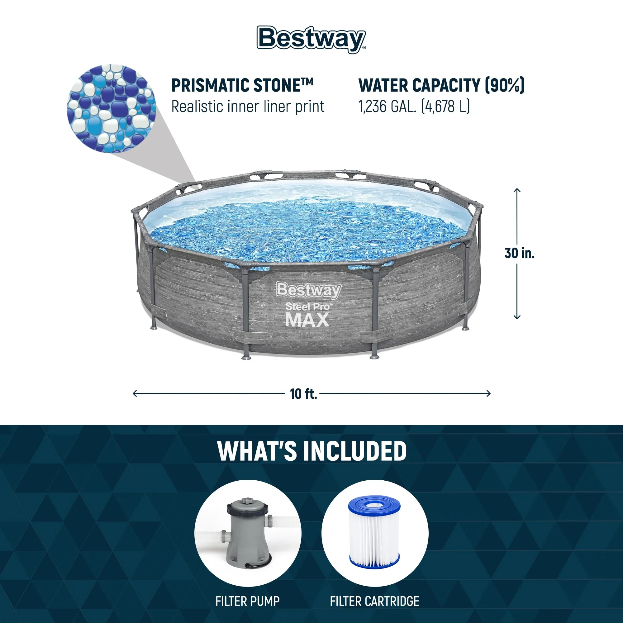 Bestway Steel Pro MAX 10' x 30" Above Ground Pool, Round Metal Frame Outdoor Swimming Pool Set with Filter Pump, Stacked Stone Print - Image 8