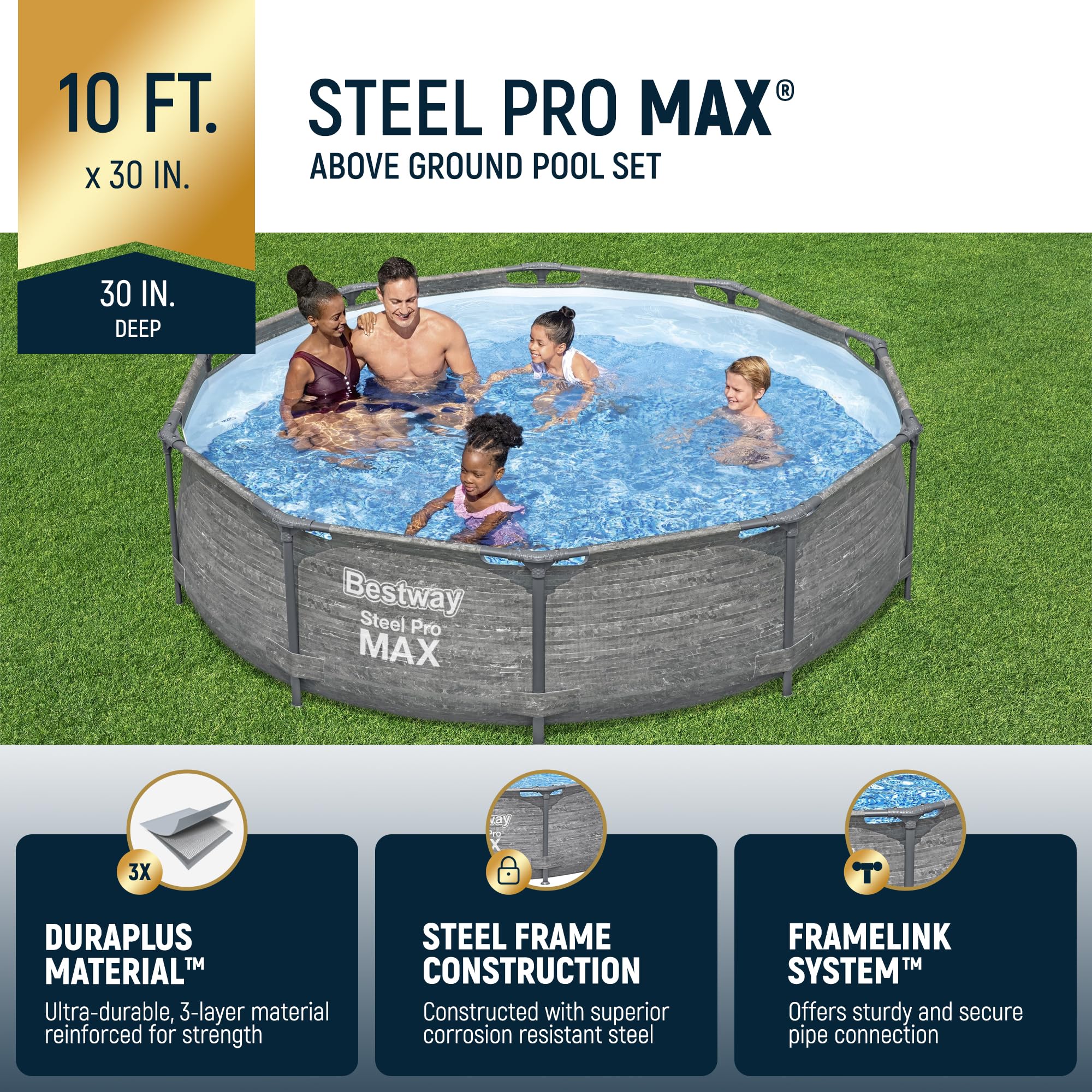 Bestway Steel Pro MAX 10' x 30" Above Ground Pool, Round Metal Frame Outdoor Swimming Pool Set with Filter Pump, Stacked Stone Print - Image 9