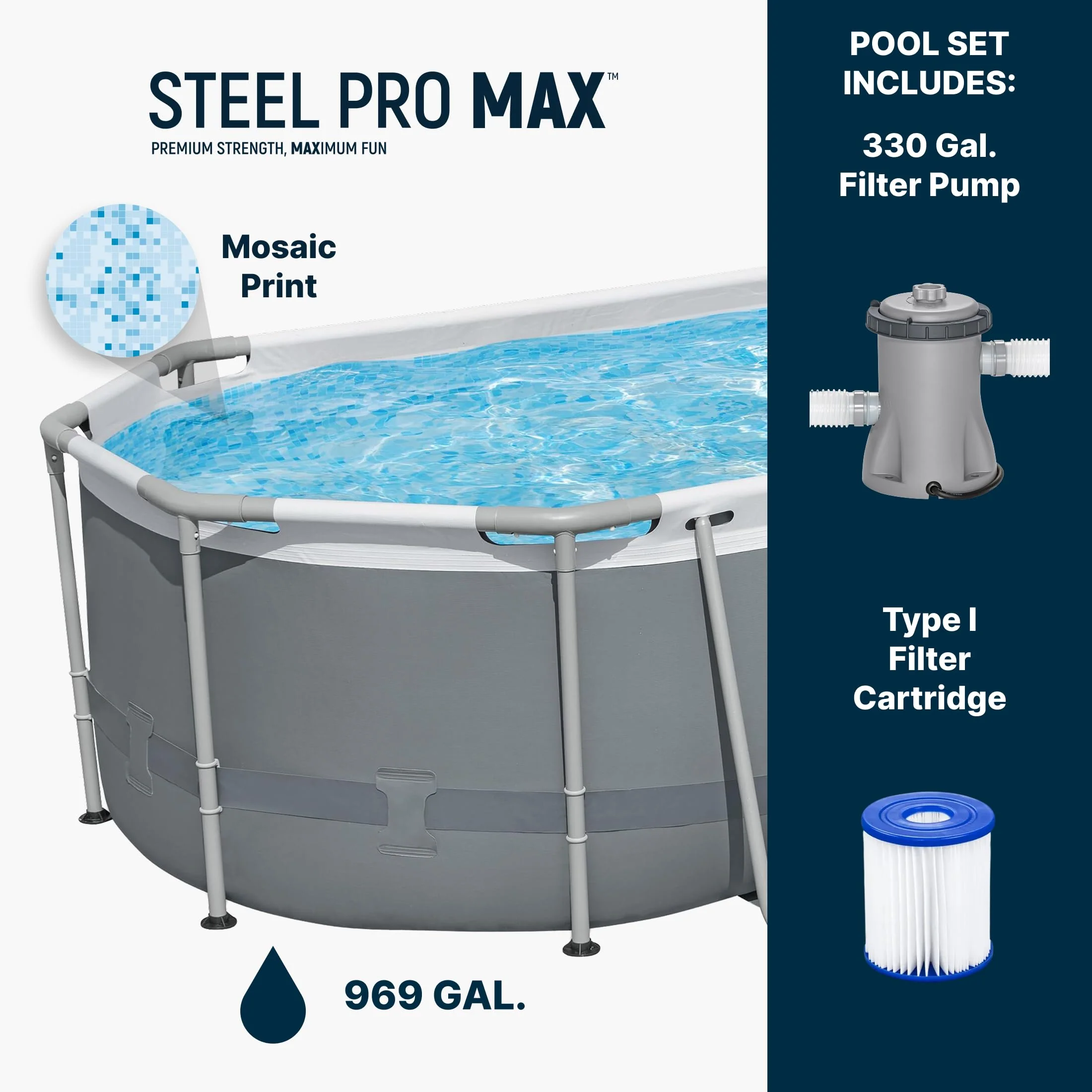 Bestway Steel Pro MAX 10' x 6'7' x 33' Oval Above Ground Swimming Pool Set, 330 GPH Filter Pump, Tritech Puncture Resistant Liner, ClickConnect Steel Frame, Gray - Image 10