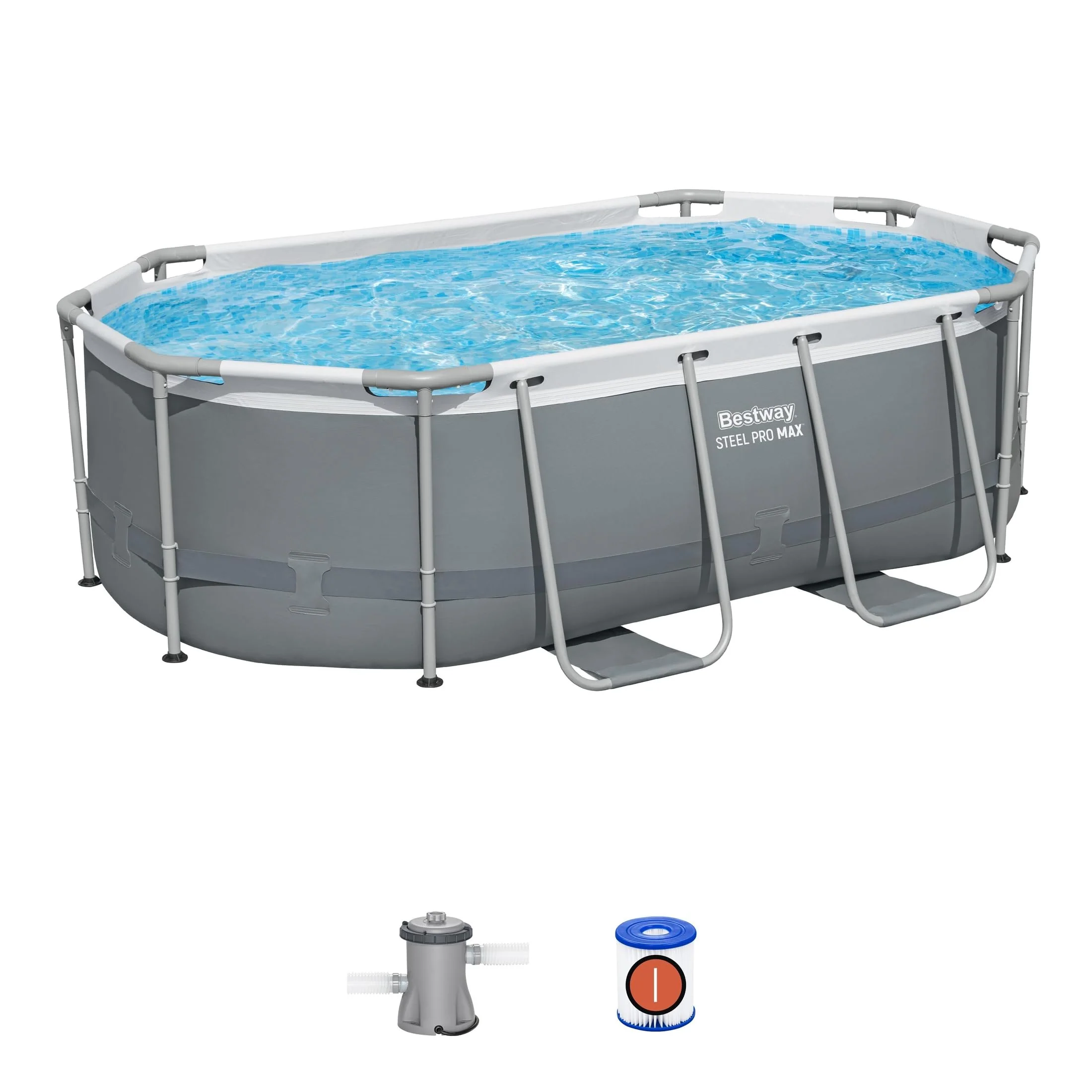 Bestway Steel Pro MAX 10' x 6'7' x 33' Oval Above Ground Swimming Pool Set, 330 GPH Filter Pump, Tritech Puncture Resistant Liner, ClickConnect Steel Frame, Gray - Image 3