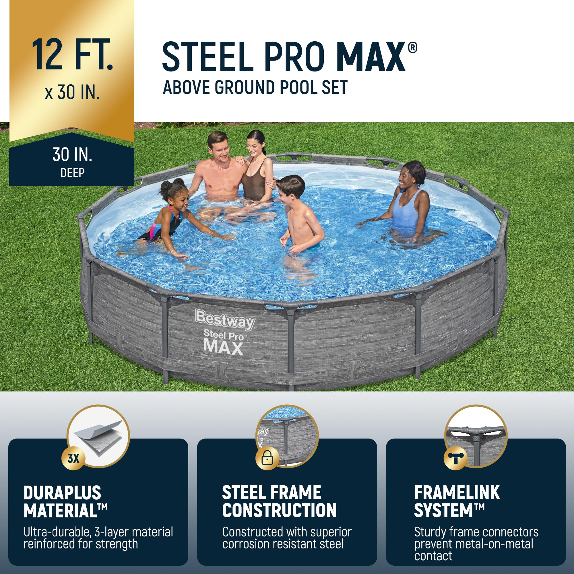 Bestway Steel Pro MAX 12' x 30" Above Ground Pool, Round Metal Frame Outdoor Swimming Pool Set with Filter Pump, Stacked Stone Print - Image 9