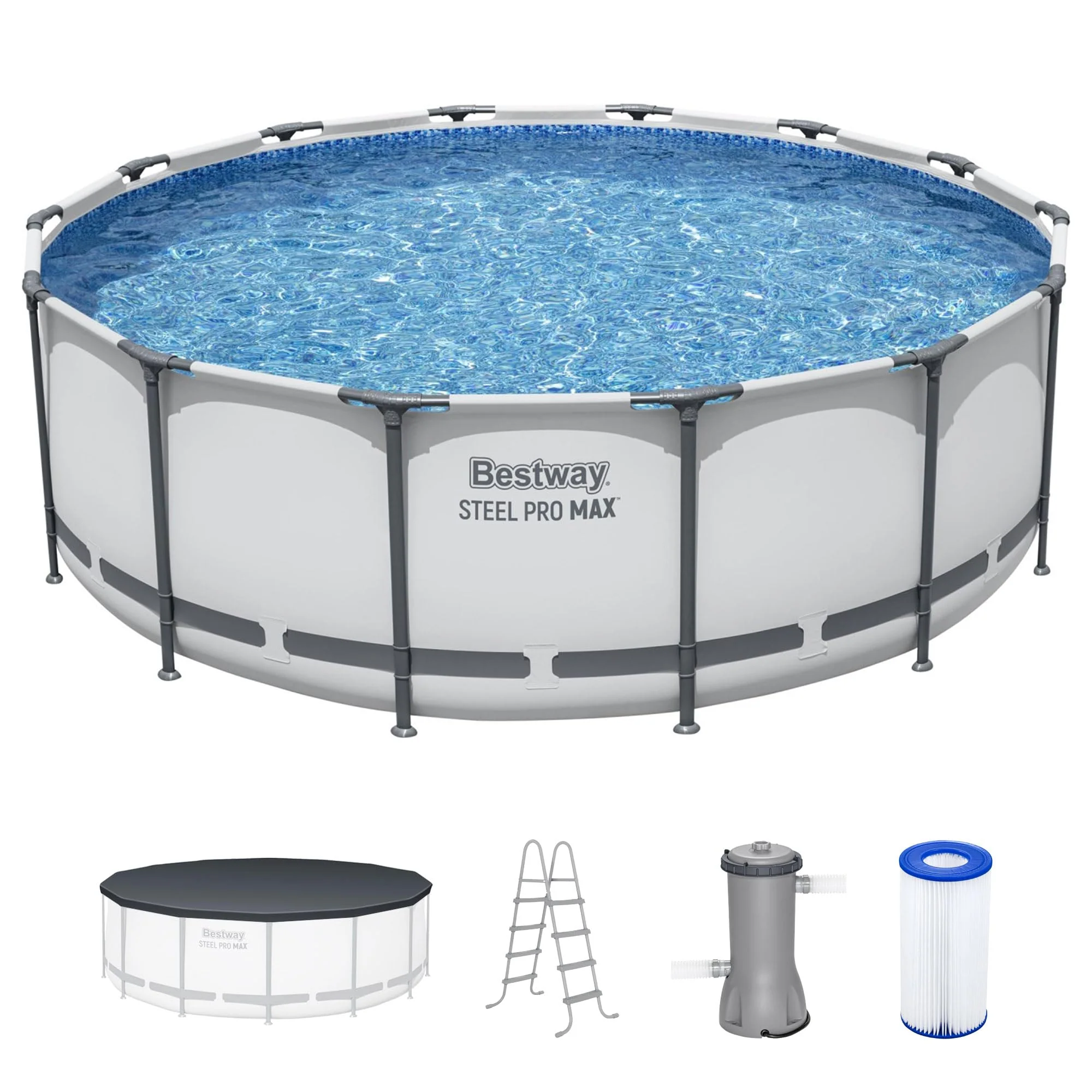 Bestway Steel Pro MAX 14' x 48" Above Ground Pool, Round Metal Frame Outdoor Swimming Pool Set with Filter Pump, Ladder, and Cover, Gray