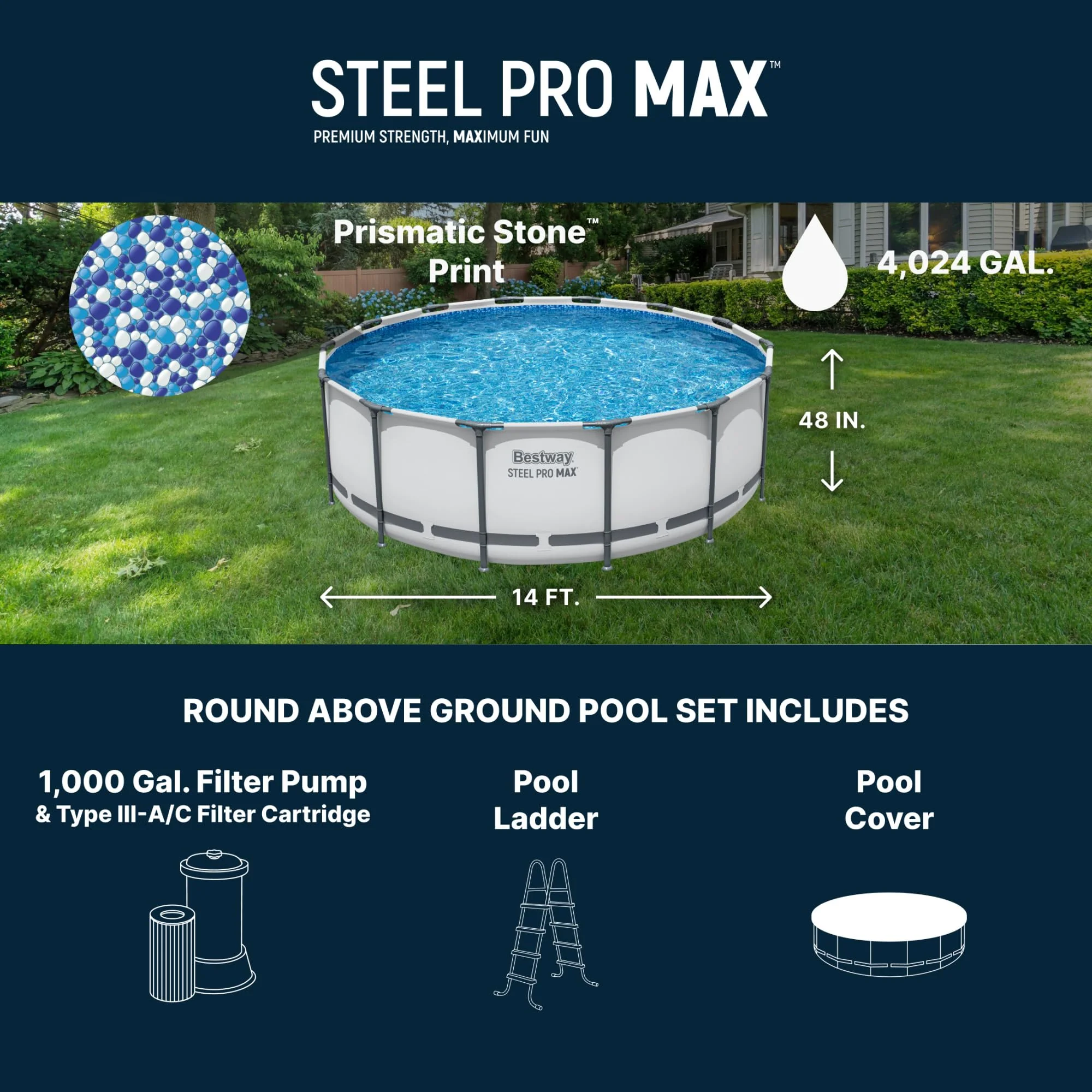 Bestway Steel Pro MAX 14' x 48" Above Ground Pool, Round Metal Frame Outdoor Swimming Pool Set with Filter Pump, Ladder, and Cover, Gray - Image 8