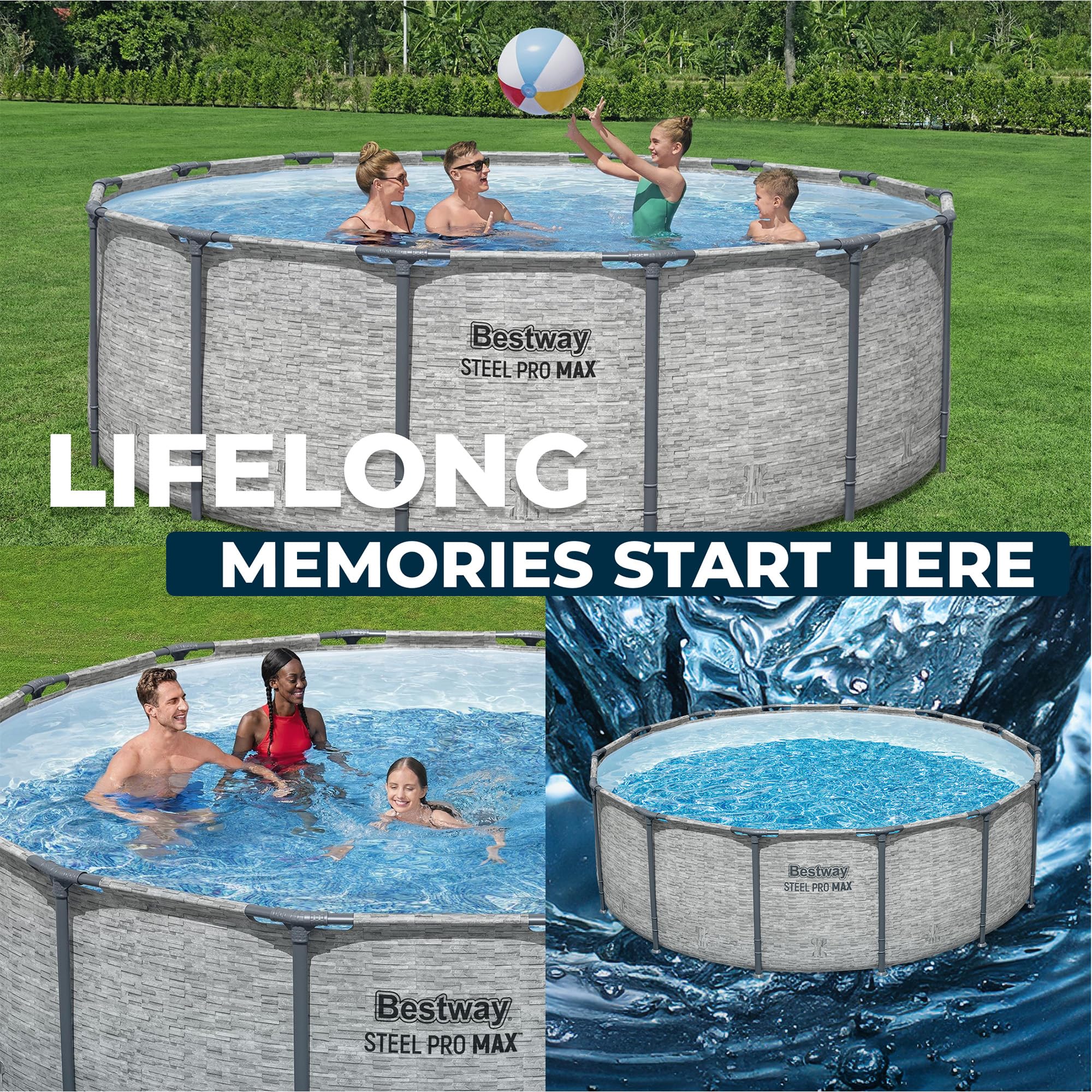 Bestway Steel Pro MAX 14' x 48" Above Ground Pool, Round Metal Frame Outdoor Swimming Pool Set with Filter Pump, Ladder, and Cover, Gray Stone Print - Image 3
