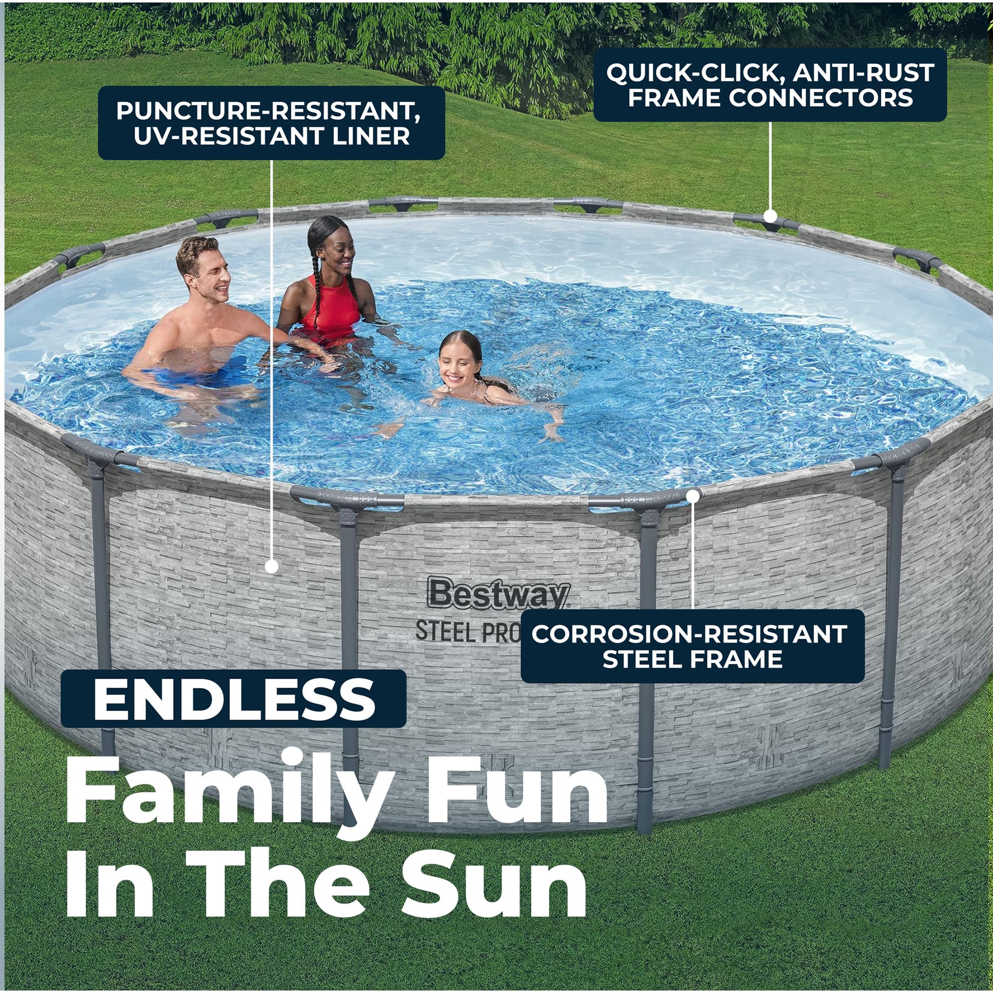 Bestway Steel Pro MAX 14' x 48" Above Ground Pool, Round Metal Frame Outdoor Swimming Pool Set with Filter Pump, Ladder, and Cover, Gray Stone Print - Image 7