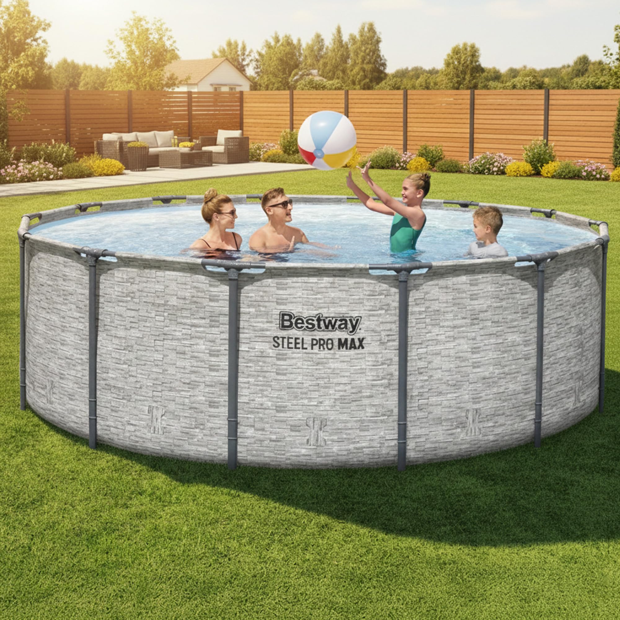 Bestway Steel Pro MAX 14' x 48" Above Ground Pool, Round Metal Frame Outdoor Swimming Pool Set with Filter Pump, Ladder, and Cover, Gray Stone Print - Image 9