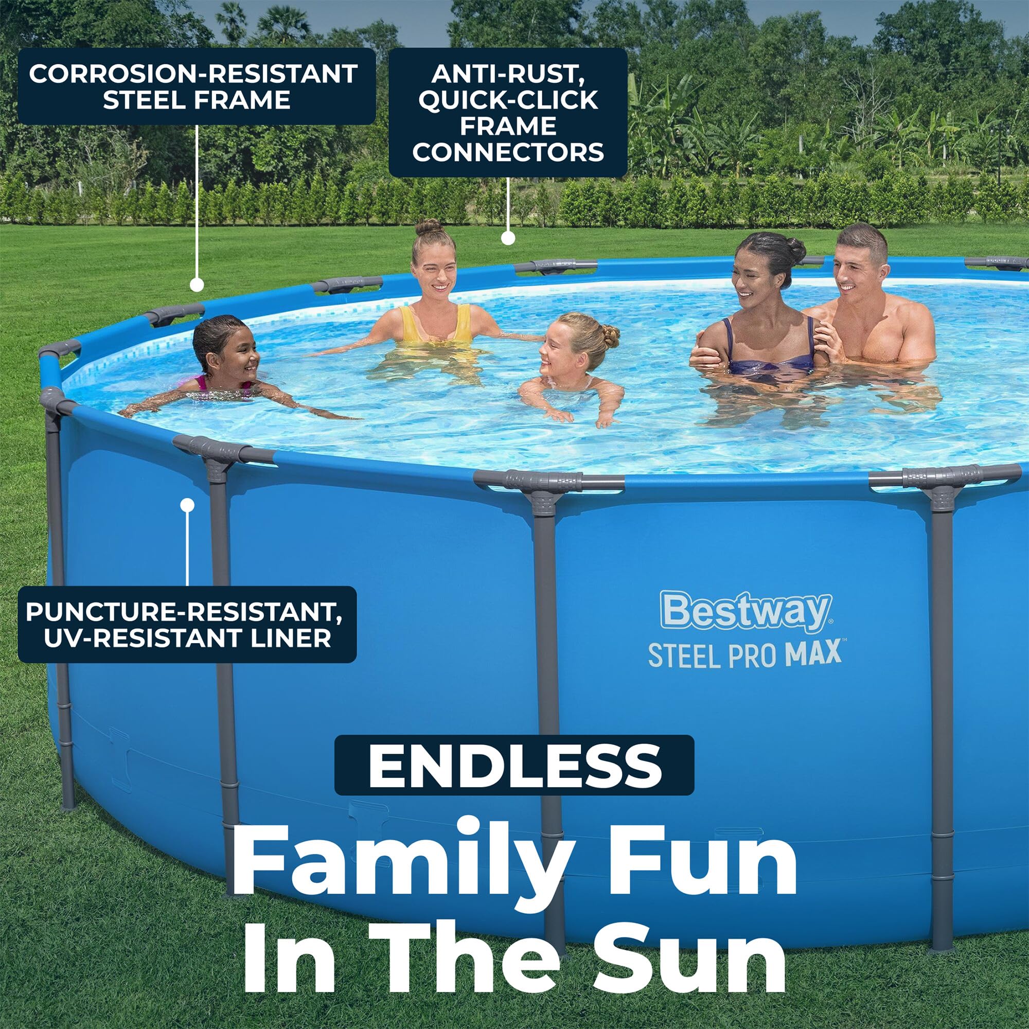 Bestway Steel Pro MAX 15’ x 48" Above Ground Pool, Round Metal Frame Outdoor Swimming Pool for Backyard, Blue, Pool ONLY - Image 7