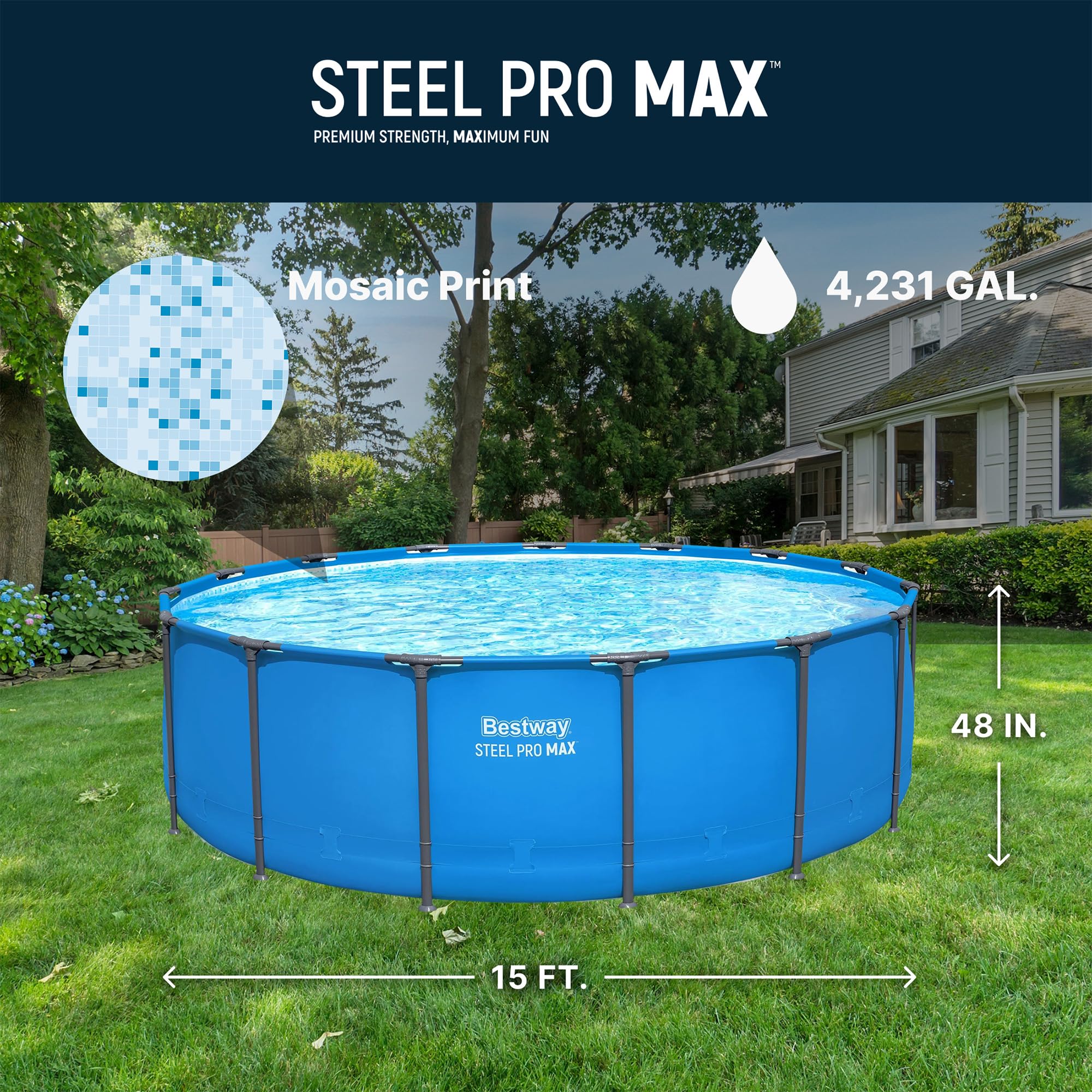 Bestway Steel Pro MAX 15’ x 48" Above Ground Pool, Round Metal Frame Outdoor Swimming Pool for Backyard, Blue, Pool ONLY - Image 8