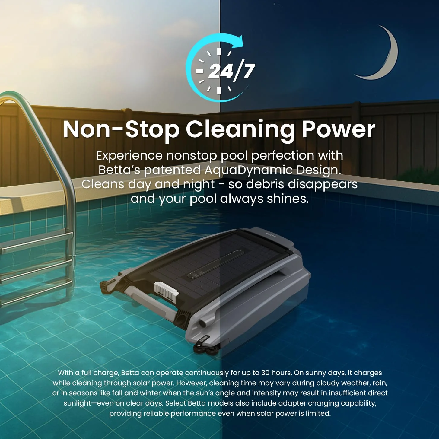 Betta SE Plus - Solar-Powered Robotic Pool Skimmer with 24/7 Continuous Cleaning Power, Dual Charging Options, Twin Salt Chlorine Tolerant Motors, and Shallow Water Safeguard - Image 10