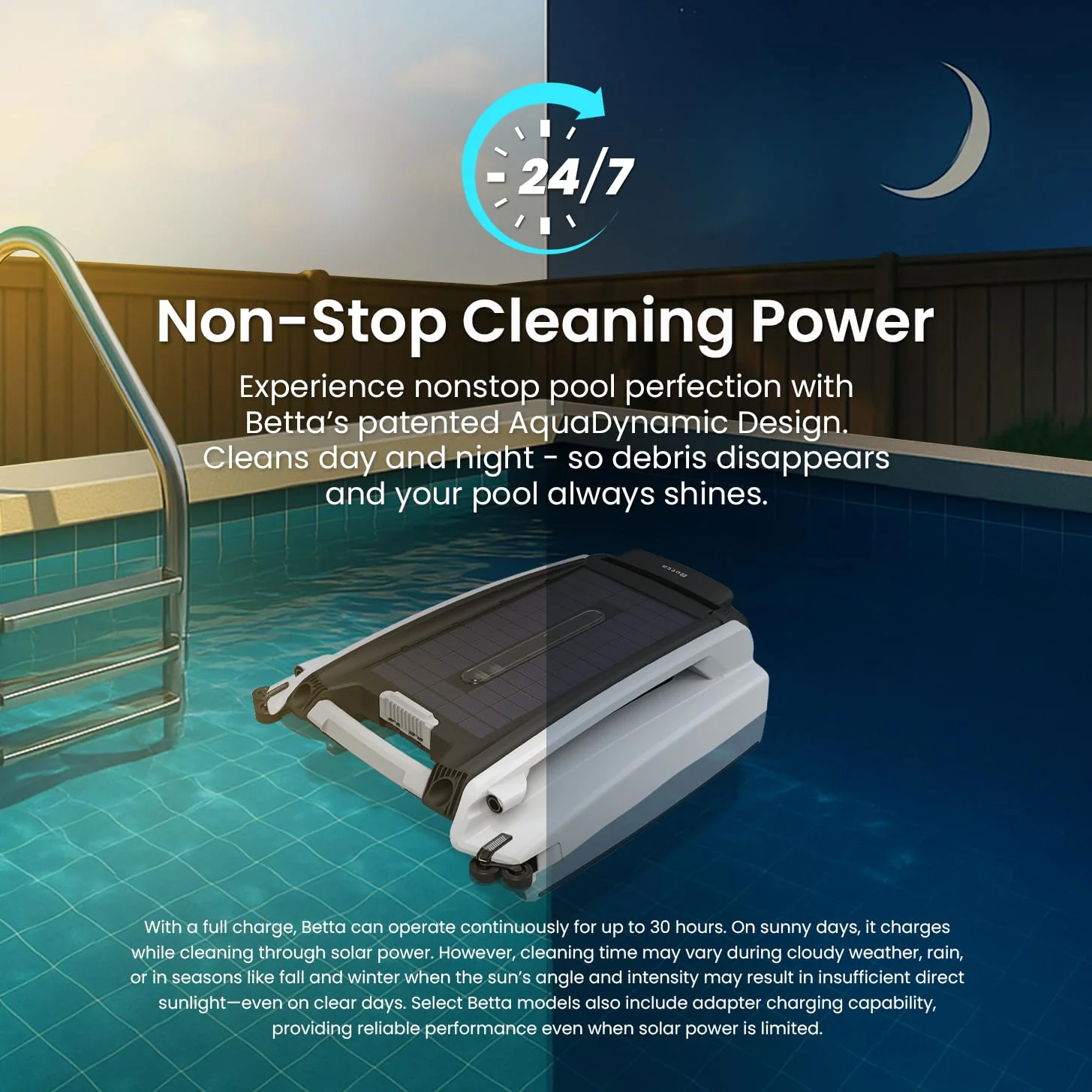 Betta SE Solar Powered Automatic Robotic Pool Surface Skimmer Cleaner with 24/7 Continuous Cleaning Battery Power and Re-Engineered Twin Salt Chlorine Tolerant Motors (White) - Image 10