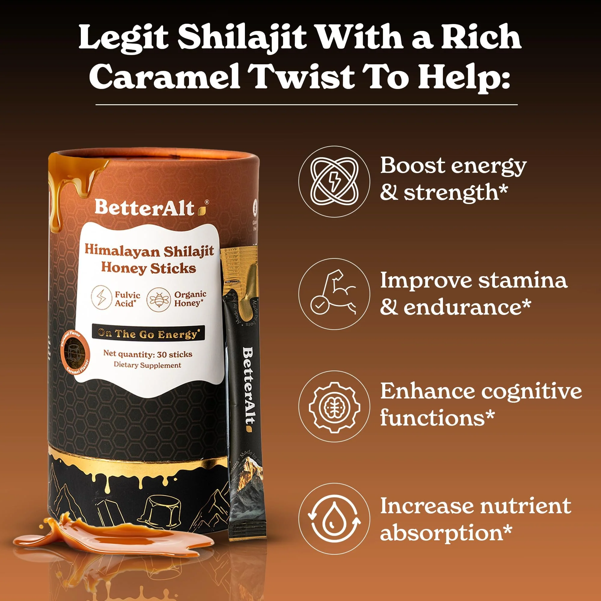 Better Alt Pure Himalayan Shilajit Caramel Honey Sticks with Organic Honey| Easy to Consume Shilajit| 30 Sticks for Energy Boost & Immune Support, 85+ Trace Minerals, 75%+ Fulvic Acid - Image 3