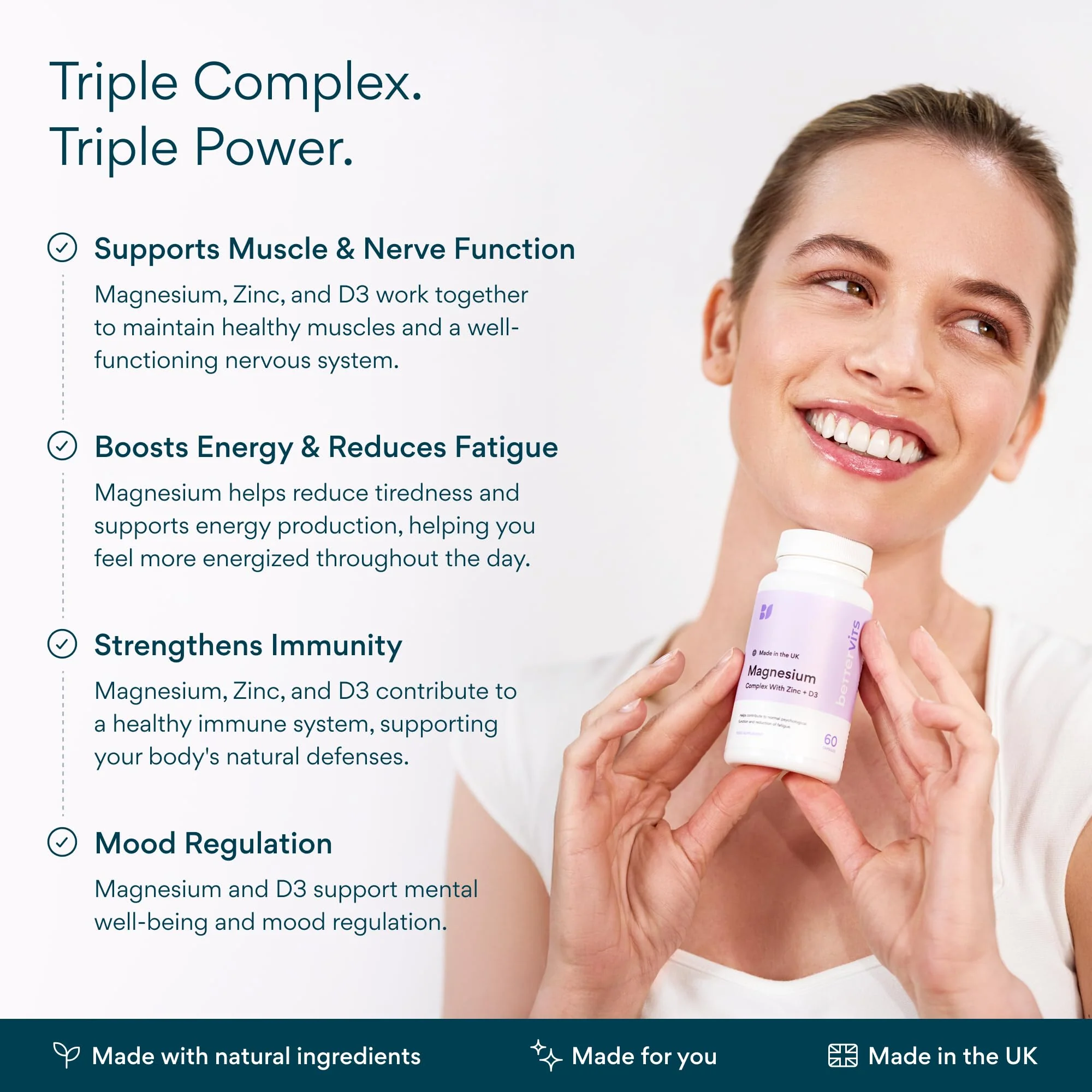Bettervits Magnesium Glycinate Complex with Citrate Malate Zinc & Vitamin D3 | High Absorption Pure Magnesium 225mg Supplement Chelated Formula for Muscle Relaxation, Sleep Support – 60 Capsules - Image 5