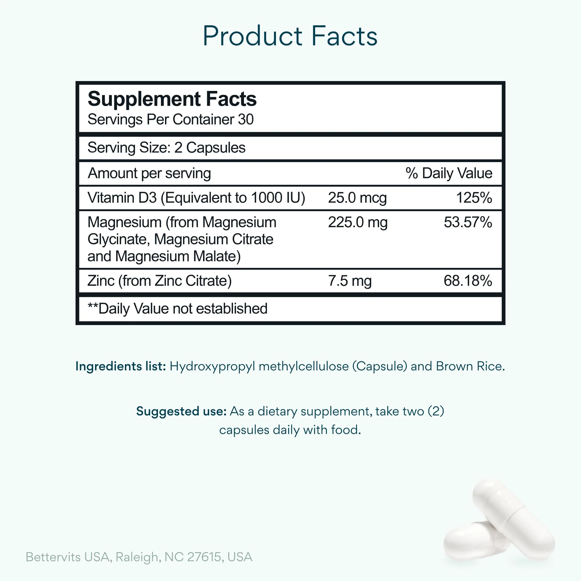 Bettervits Magnesium Glycinate Complex with Citrate Malate Zinc & Vitamin D3 | High Absorption Pure Magnesium 225mg Supplement Chelated Formula for Muscle Relaxation, Sleep Support – 60 Capsules - Image 6