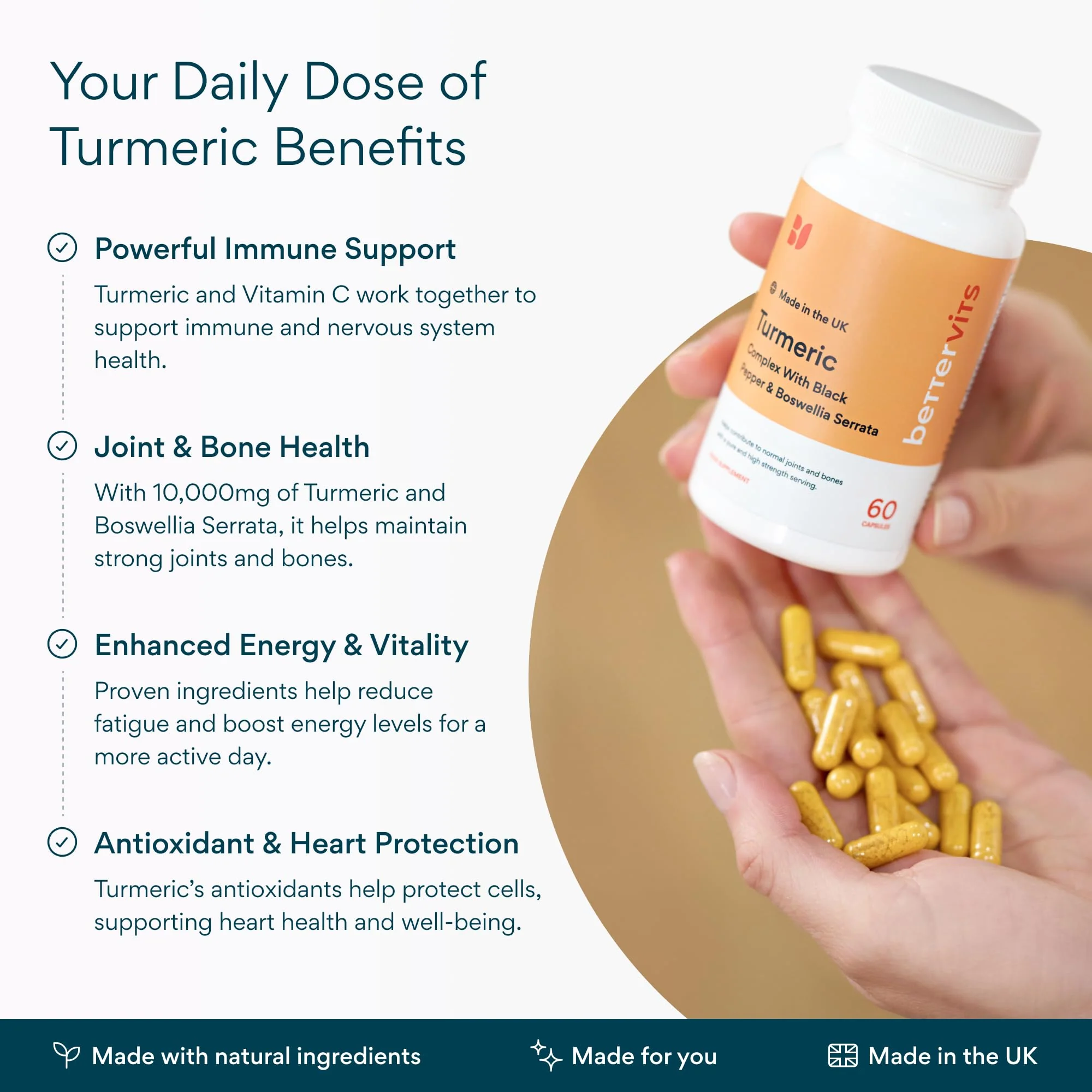 Bettervits Turmeric Curcumin Supplement with Black Pepper and Boswellia Serrata | Organic 1000mg Turmeric Supplement for Enhanced Absorption and Vitamin C | Joint Support - Non-GMO | 60 Vegan Capsules - Image 5