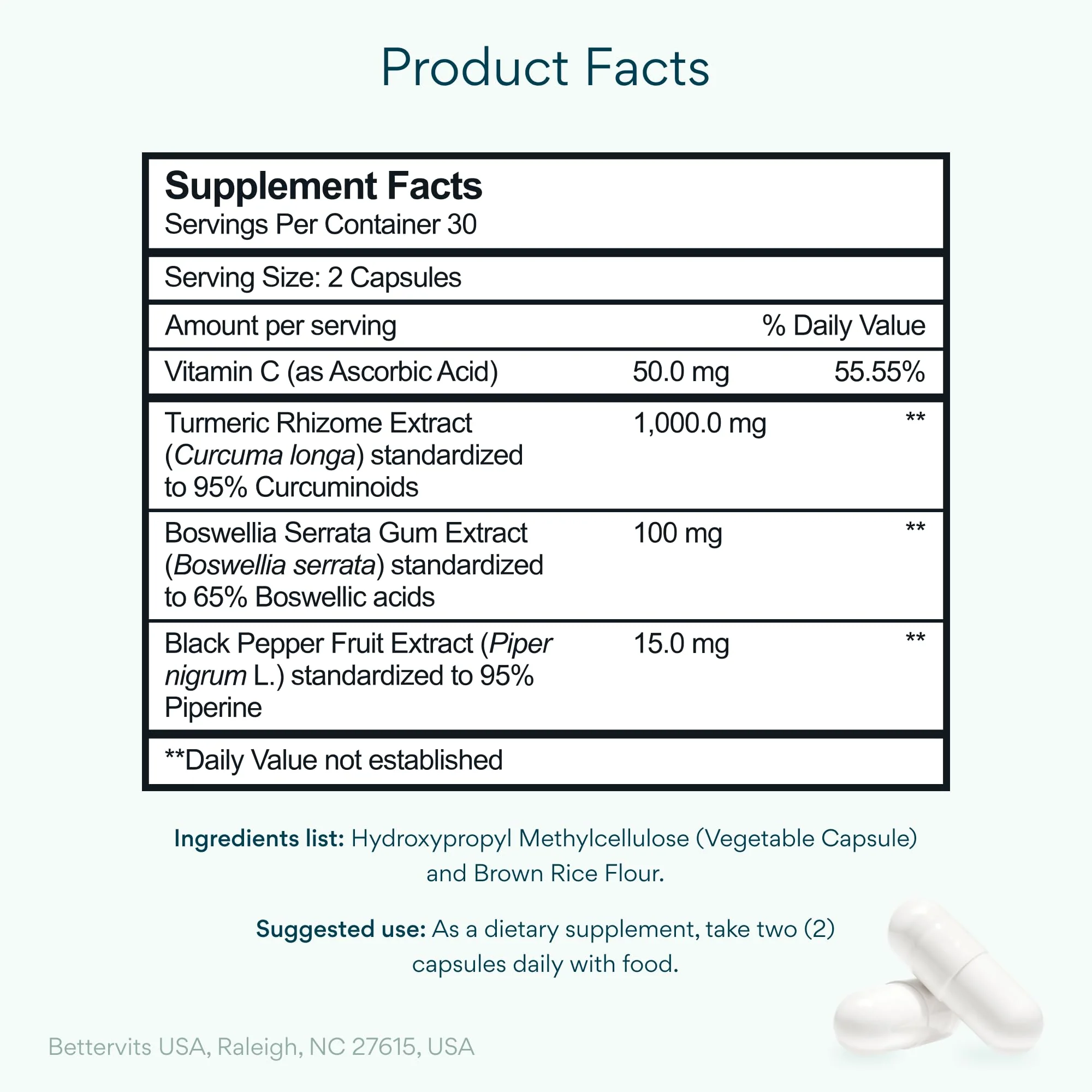 Bettervits Turmeric Curcumin Supplement with Black Pepper and Boswellia Serrata | Organic 1000mg Turmeric Supplement for Enhanced Absorption and Vitamin C | Joint Support - Non-GMO | 60 Vegan Capsules - Image 6