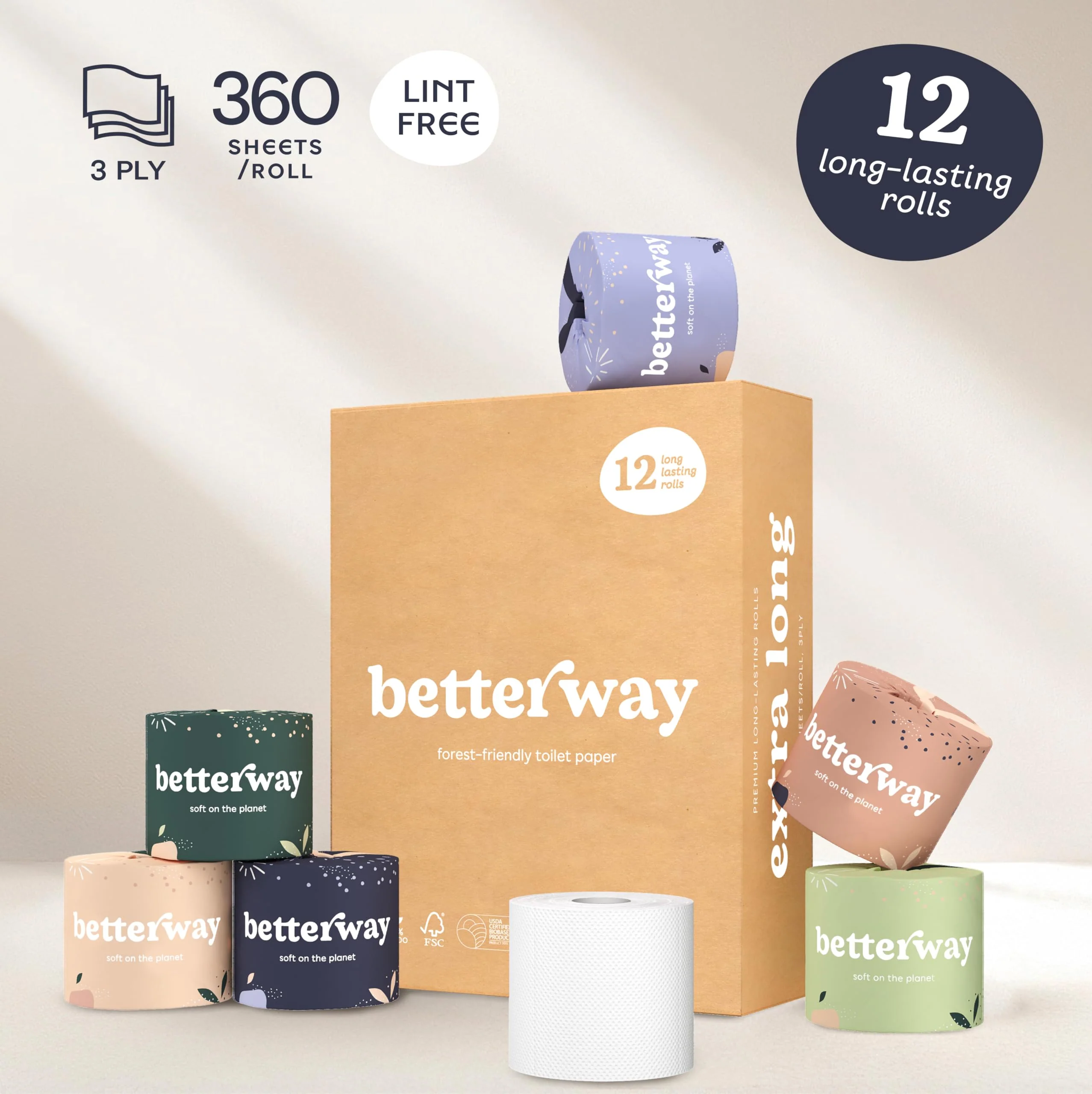 Betterway Bamboo Toilet Paper 3 Ply - Sustainable Toilet Tissue - 12 Long-Lasting Rolls & 360 Sheets Per Roll - Septic Safe - Organic, Plastic & PFAS Free - FSC Certified - Image 6
