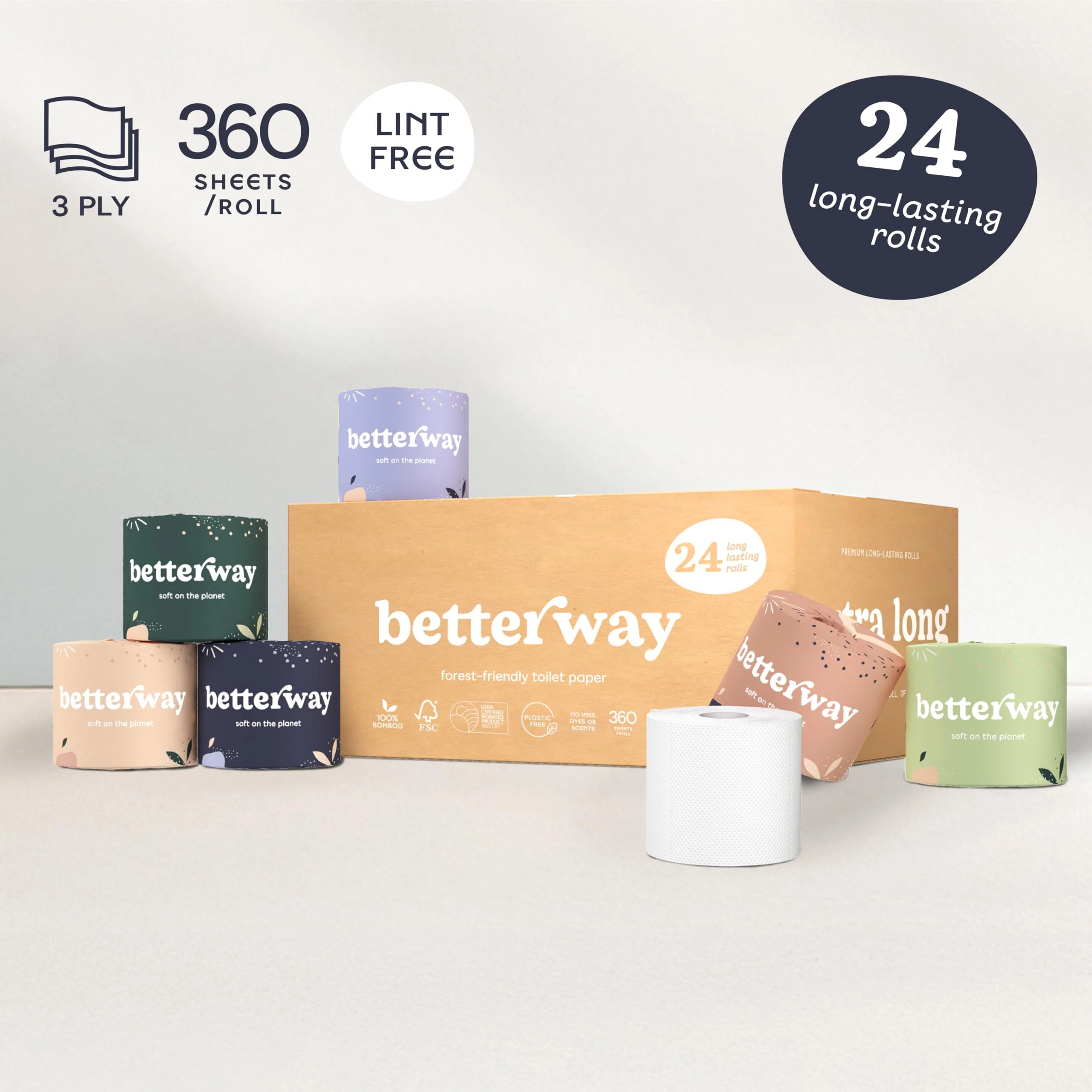 Betterway Bamboo Toilet Paper 3 Ply - Sustainable Toilet Tissue - 24 Long-Lasting Rolls & 360 Sheets Per Roll - Septic Safe - Organic, Plastic & PFAS Free - FSC Certified - Image 5