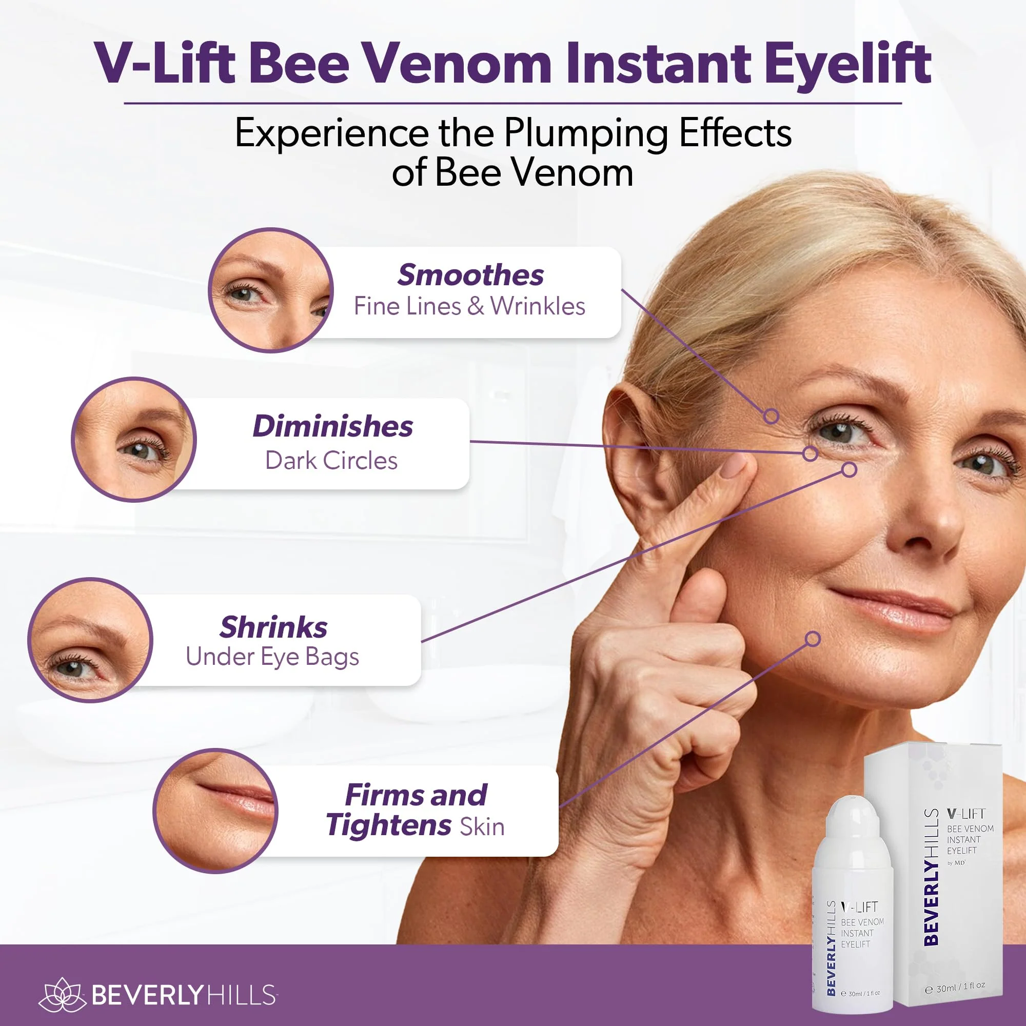 Beverly Hills V-Lift Instant Eye Lift and Eye Tuck Bee Venom Serum for Puffy Eyes, Dark Circles, Wrinkles, and Under Eye Bags Treatment for Women and Men | 30mL (120 Day Supply) - Image 7