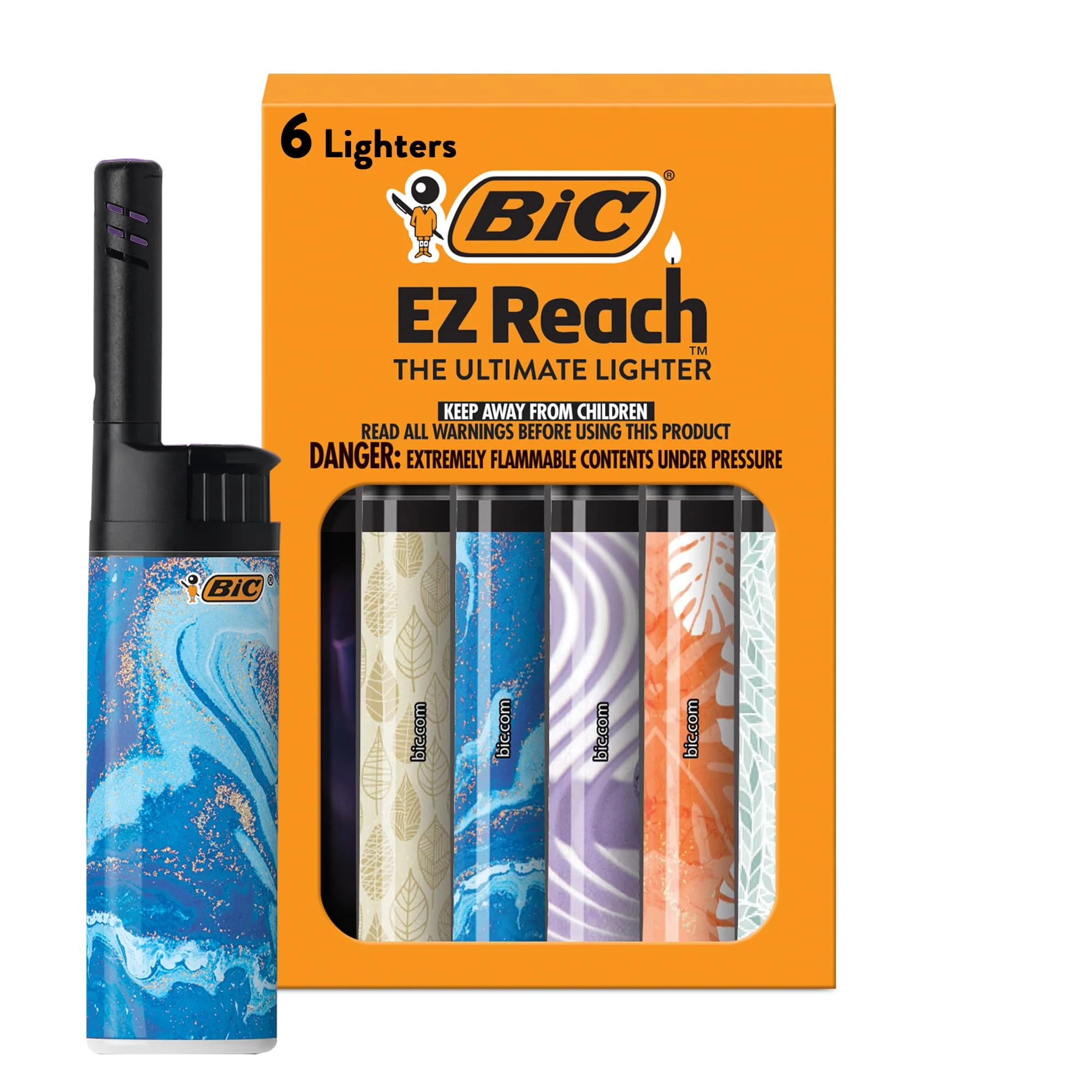 BIC EZ Reach Lighters, Long Metal Wand Candle Lighter, Home Décor Collection, 6-Pack (Designs May Vary)