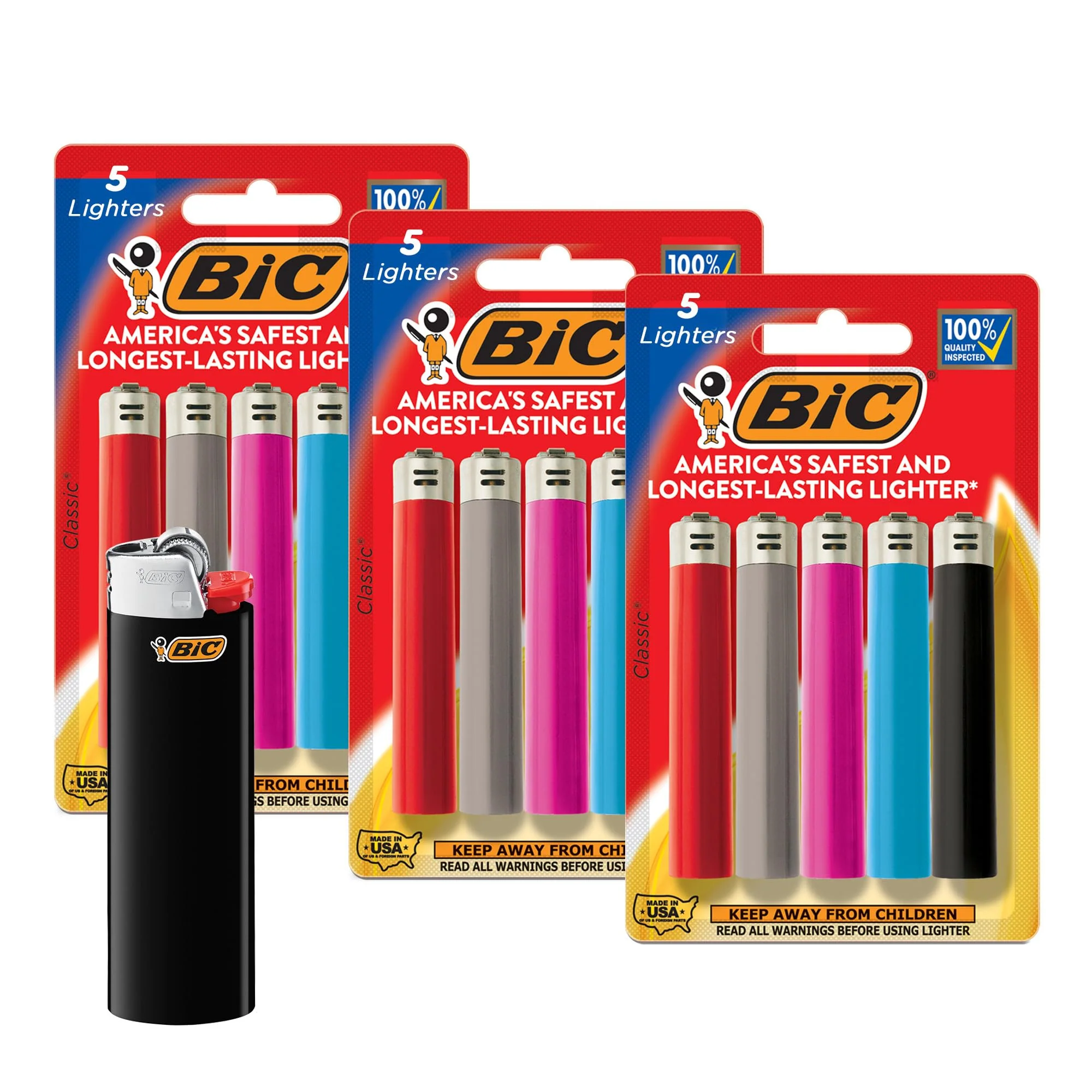 BIC Maxi Pocket Lighters, Long-Lasting Flame and Colorful Designs, Classic Collection, 15-Pack (Colors May Vary)
