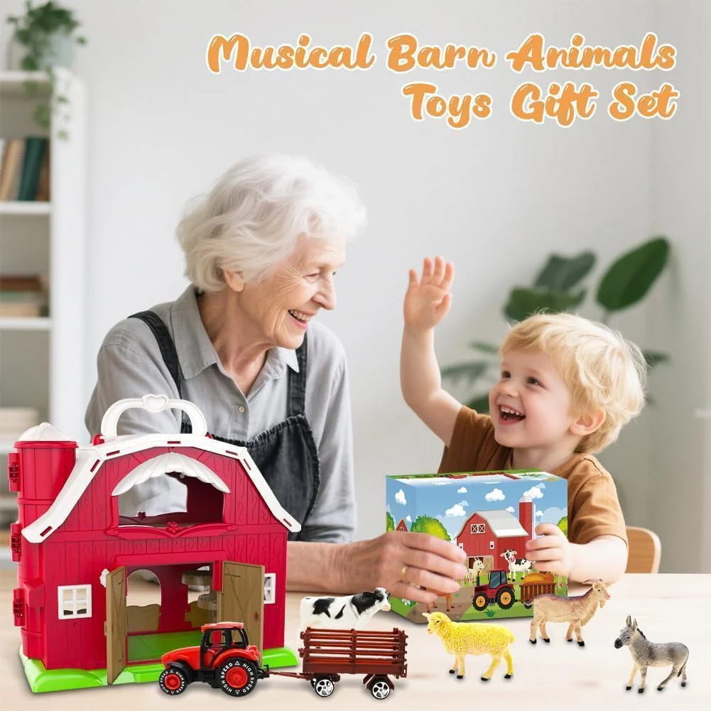 Big Red Barn Toys for Toddlers 1-3, Farm Animal Figures Playset with Tractor for 2 3 4 5 Year Old Kids, Musical Preschool Montessori STEM Learning Toys, Christmas Birthday Easter Gift for Boys Girls - Image 2