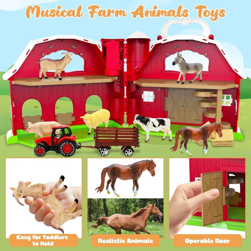 Big Red Barn Toys for Toddlers 1-3, Farm Animal Figures Playset with Tractor for 2 3 4 5 Year Old Kids, Musical Preschool Montessori STEM Learning Toys, Christmas Birthday Easter Gift for Boys Girls - Image 7