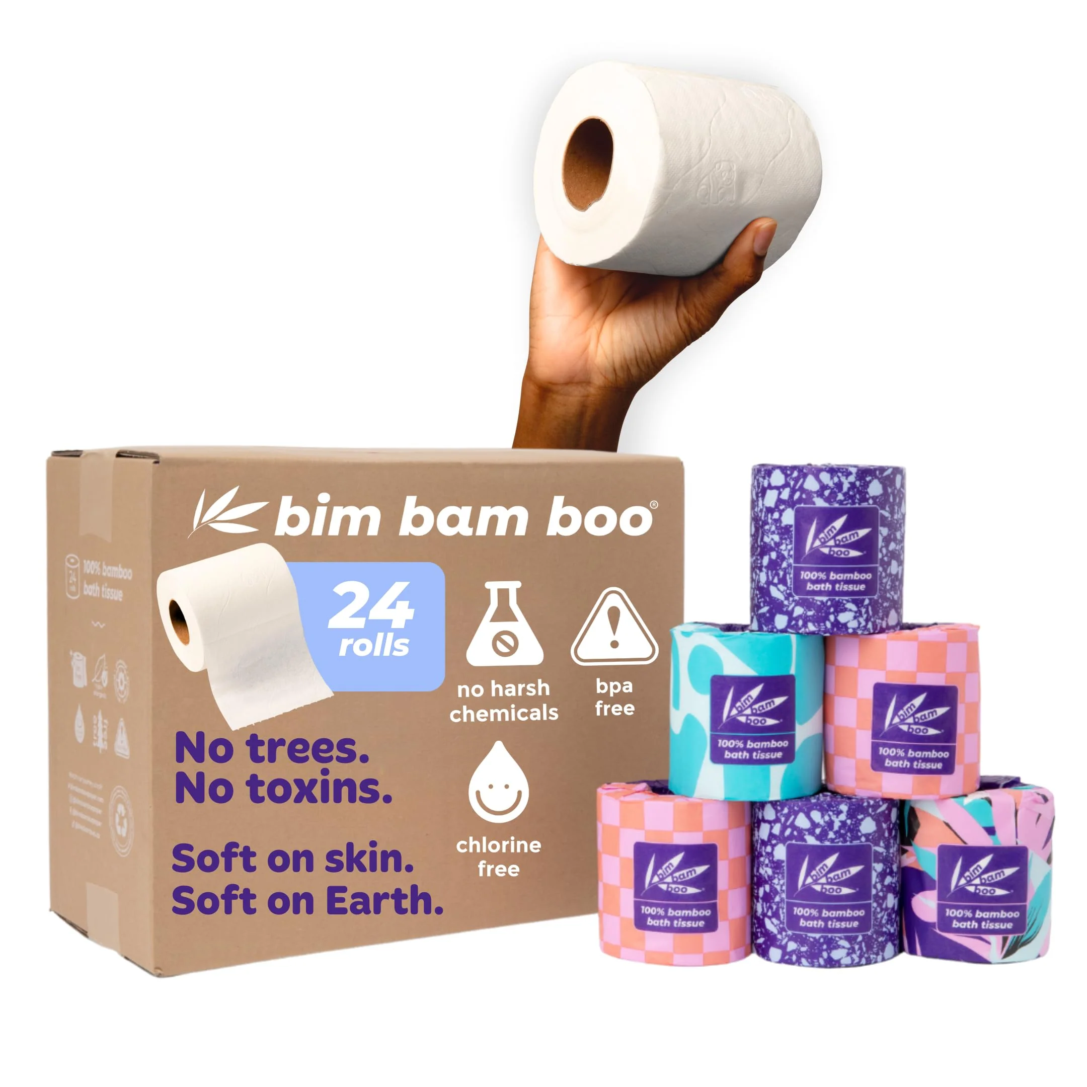 Bim Bam Boo 100% Bamboo Organic Chemical-Free Bulk Toilet Paper, Cloud-like Softness, Plant-Based Sustainable Tree-Free Bathroom Tissue, 24 Eco-Friendly Rolls, 2 Ply, 295 Sheets for RV and Camping