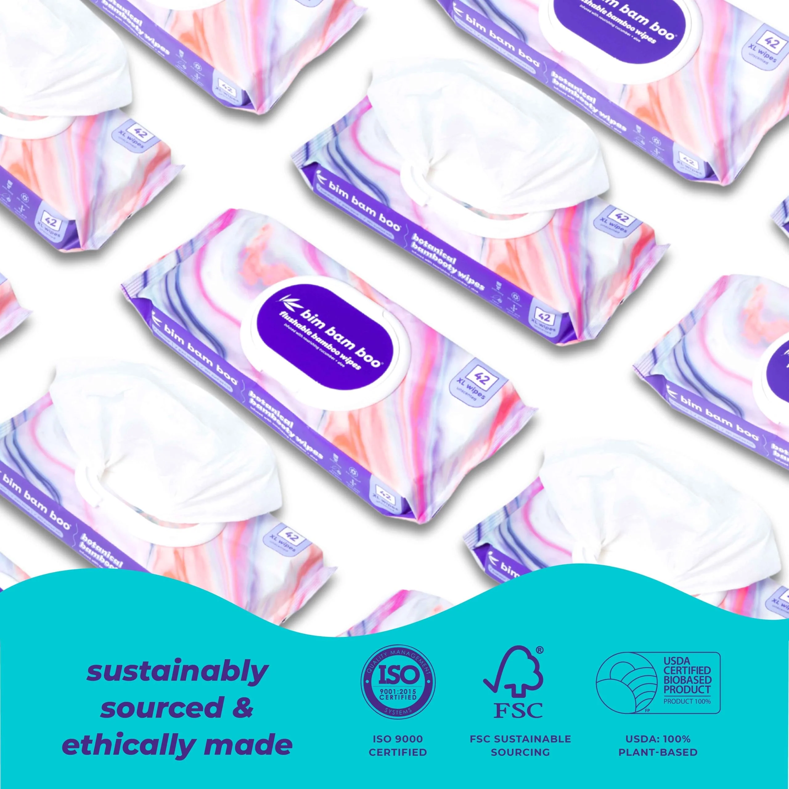 Bim Bam Boo | Flushable Wet Wipes | 100% Plant Based | Extra-Large Size Durable Bamboo | Body Safe, Smooth on Skin, Hypoallergenic | 42 Wipes Per Pouch - 8 Pouches | 366 Total Wipes - Image 3
