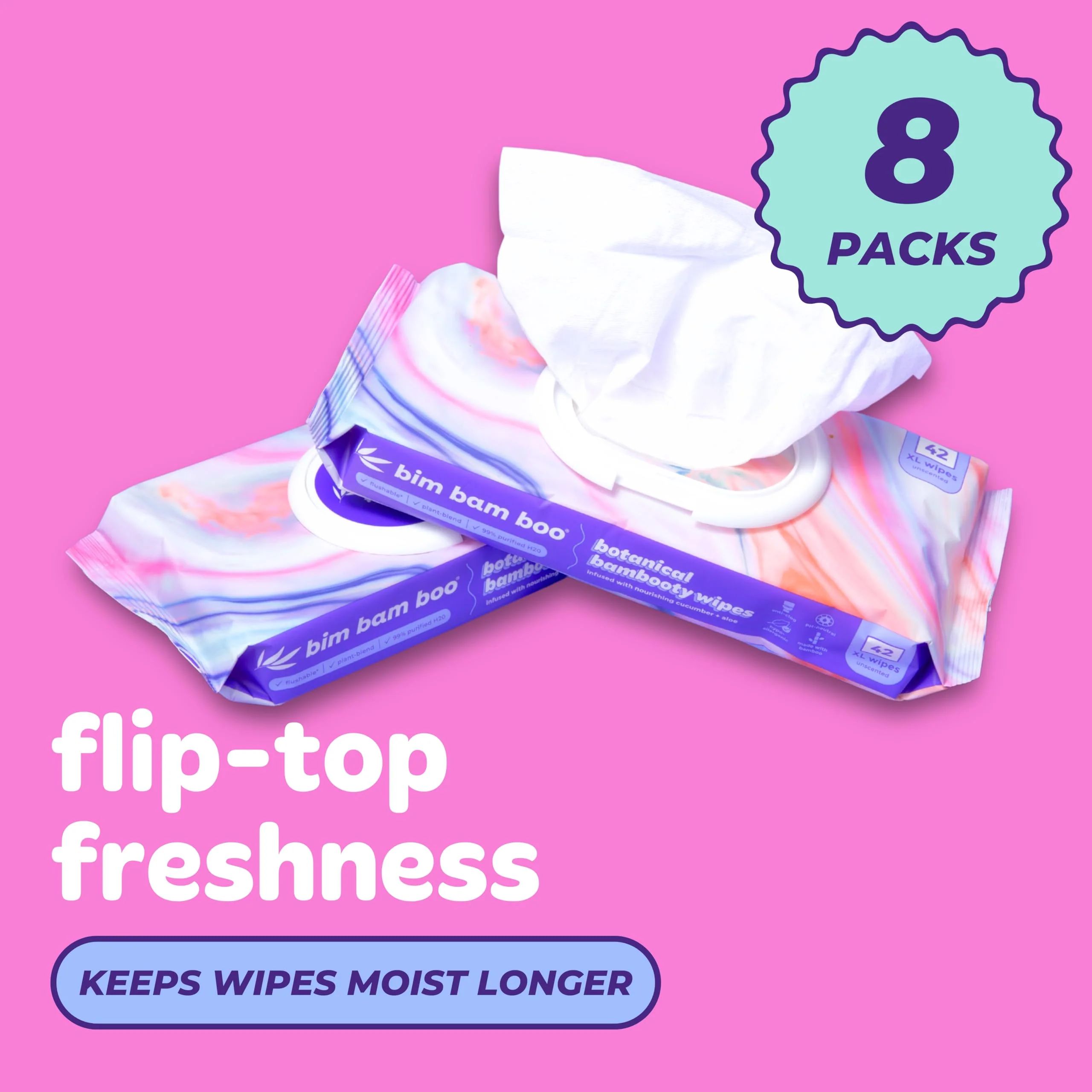 Bim Bam Boo | Flushable Wet Wipes | 100% Plant Based | Extra-Large Size Durable Bamboo | Body Safe, Smooth on Skin, Hypoallergenic | 42 Wipes Per Pouch - 8 Pouches | 366 Total Wipes - Image 4